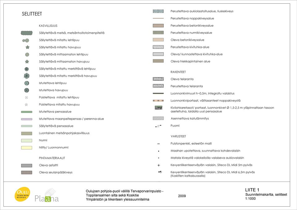 pensasalue Istutettava maanpeitepensas-/ perenna-alue Säilytettävä pensasalue Luontainen metsänpohjakasvillisuus Nurmi Niitty/ Luonnonnurmi PINTAMATERIAALIT Oleva asfaltti Oleva seulanpääkiveys