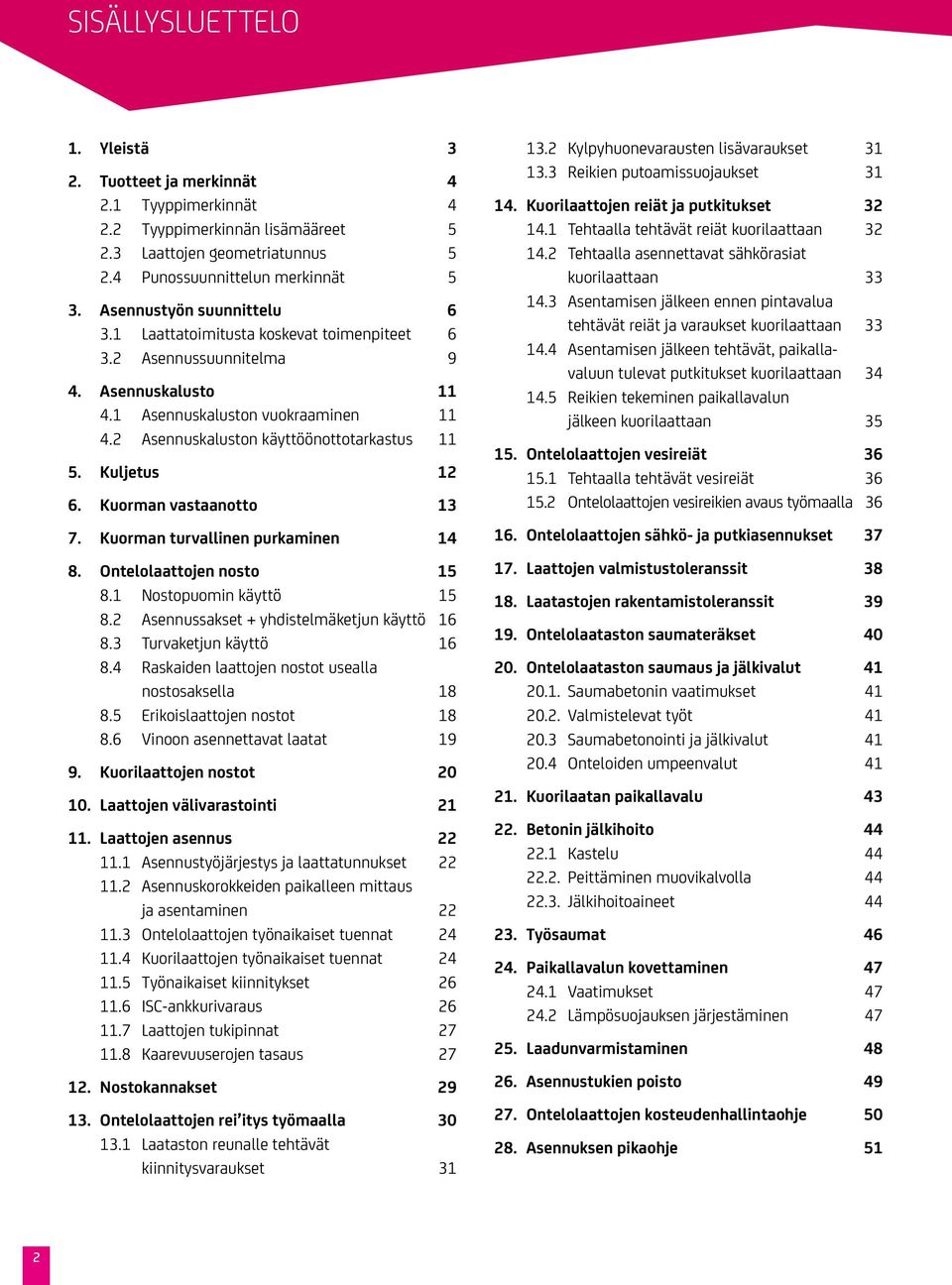 Kuljetus 12 6. Kuorman vastaanotto 13 7. Kuorman turvallinen purkaminen 14 8. Ontelolaattojen nosto 15 8.1 Nostopuomin käyttö 15 8.2 Asennussakset + yhdistelmäketjun käyttö 16 8.