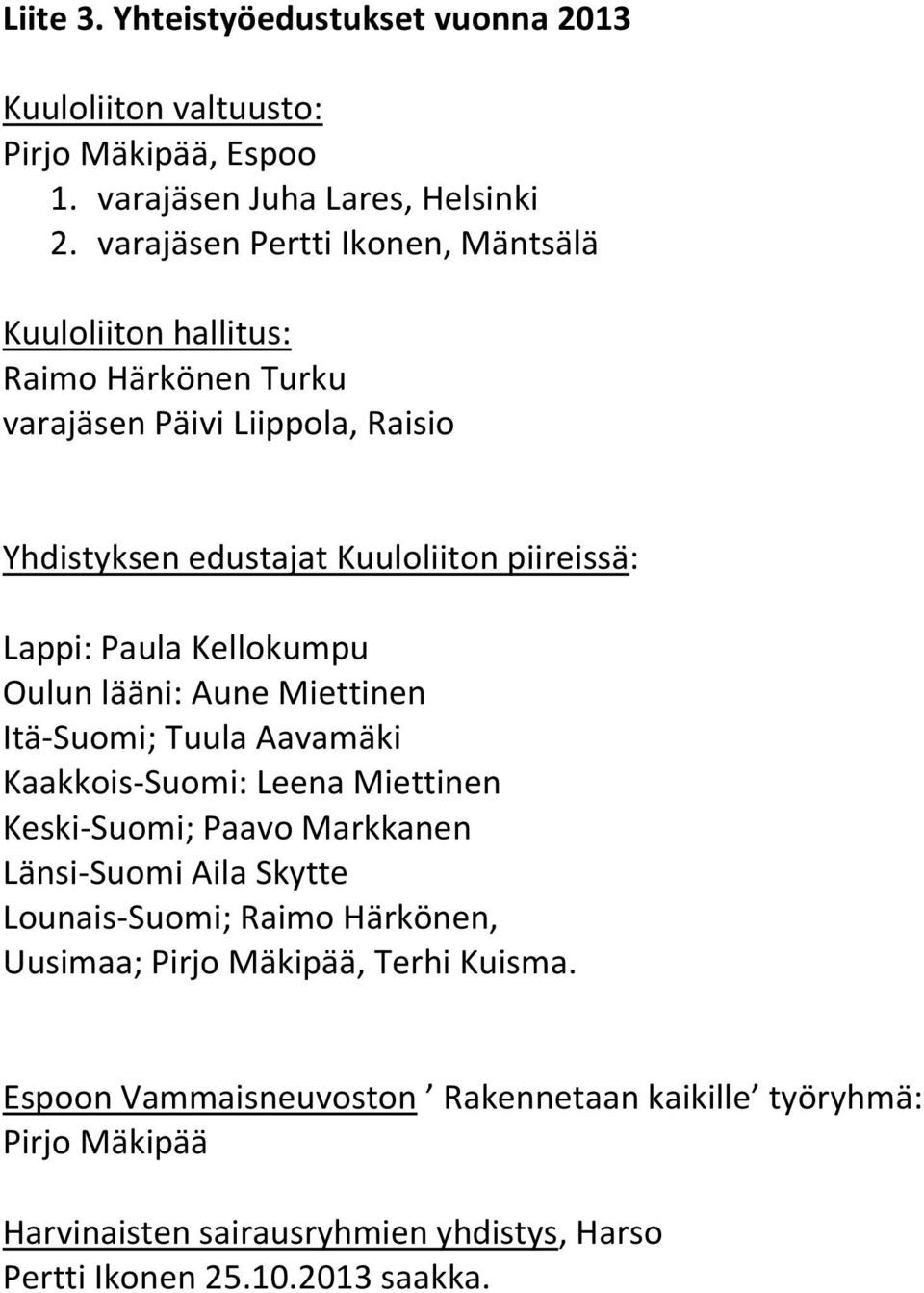 Paula Kellokumpu Oulun lääni: Aune Miettinen Itä-Suomi; Tuula Aavamäki Kaakkois-Suomi: Leena Miettinen Keski-Suomi; Paavo Markkanen Länsi-Suomi Aila Skytte