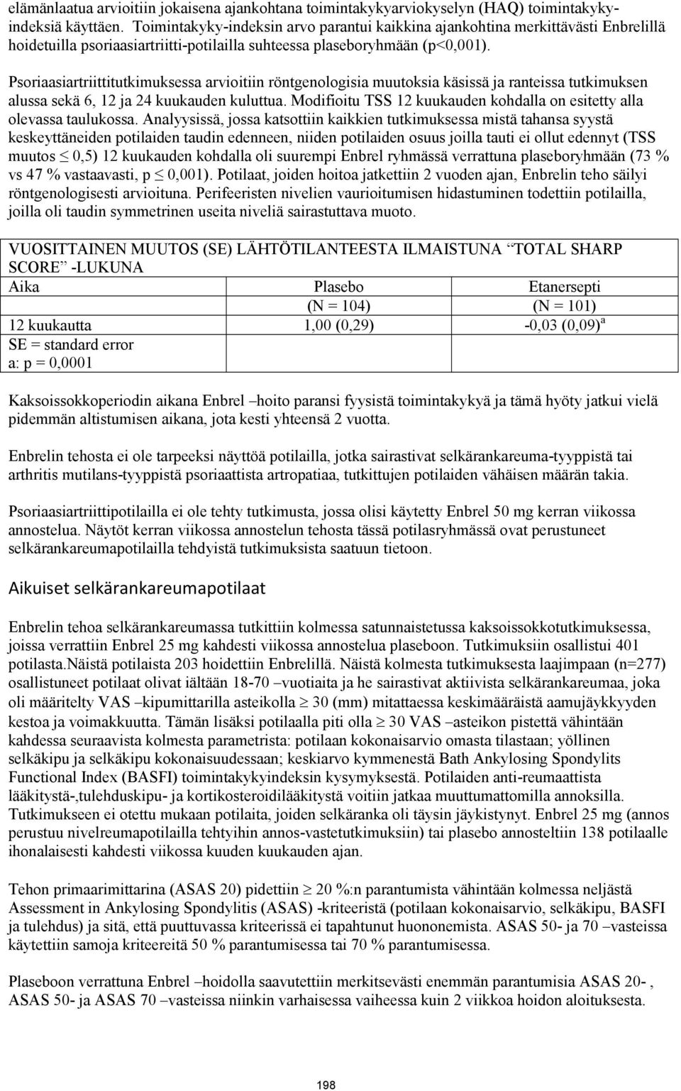 Psoriaasiartriittitutkimuksessa arvioitiin röntgenologisia muutoksia käsissä ja ranteissa tutkimuksen alussa sekä 6, 12 ja 24 kuukauden kuluttua.