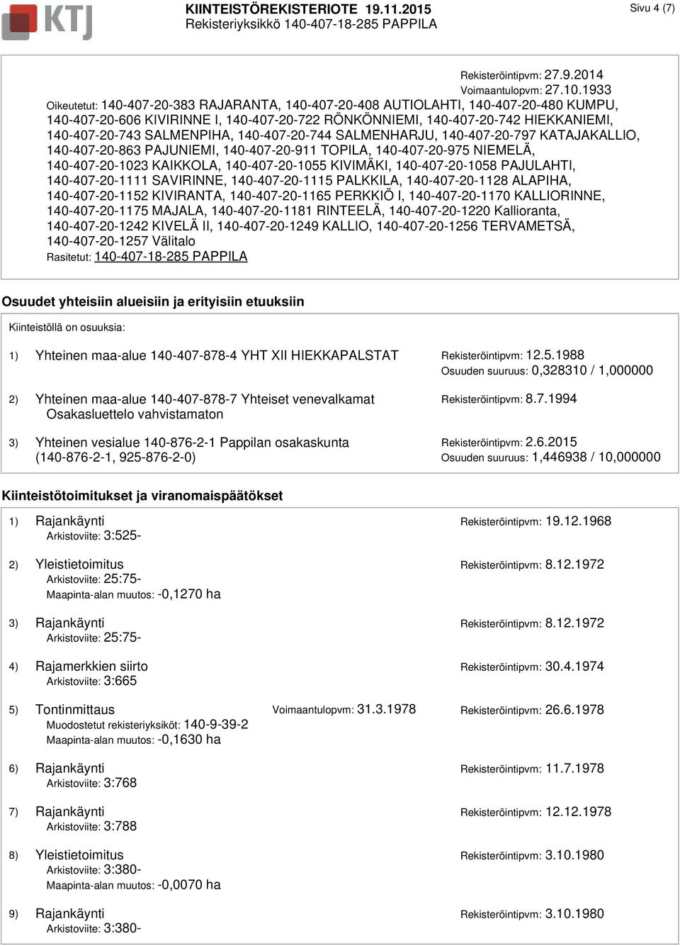 SALMENPIHA, 140-407-20-744 SALMENHARJU, 140-407-20-797 KATAJAKALLIO, 140-407-20-863 PAJUNIEMI, 140-407-20-911 TOPILA, 140-407-20-975 NIEMELÄ, 140-407-20-1023 KAIKKOLA, 140-407-20-1055 KIVIMÄKI,