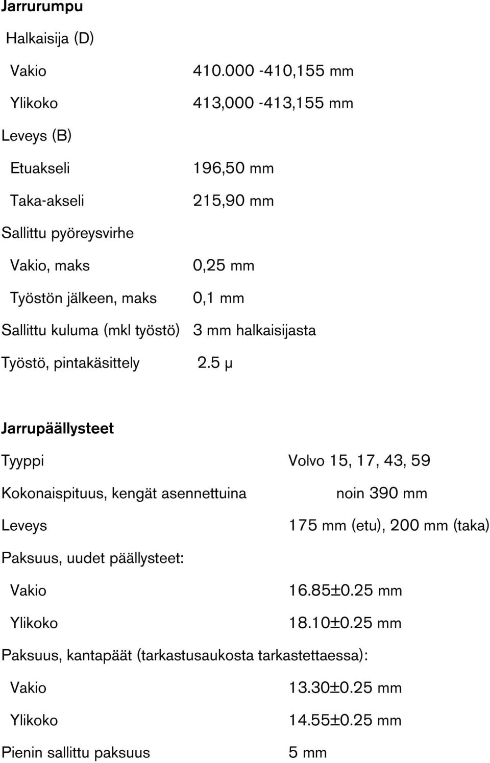 0,1 mm Sallittu kuluma (mkl työstö) 3 mm halkaisijasta Työstö, pintakäsittely 2.