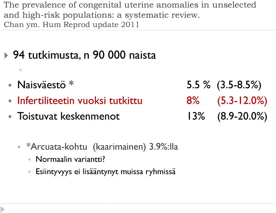 Hum Reprod update 2011 94 tutkimusta, n 90 000 naista ú Naisväestö * 5.5 % (3.5-8.
