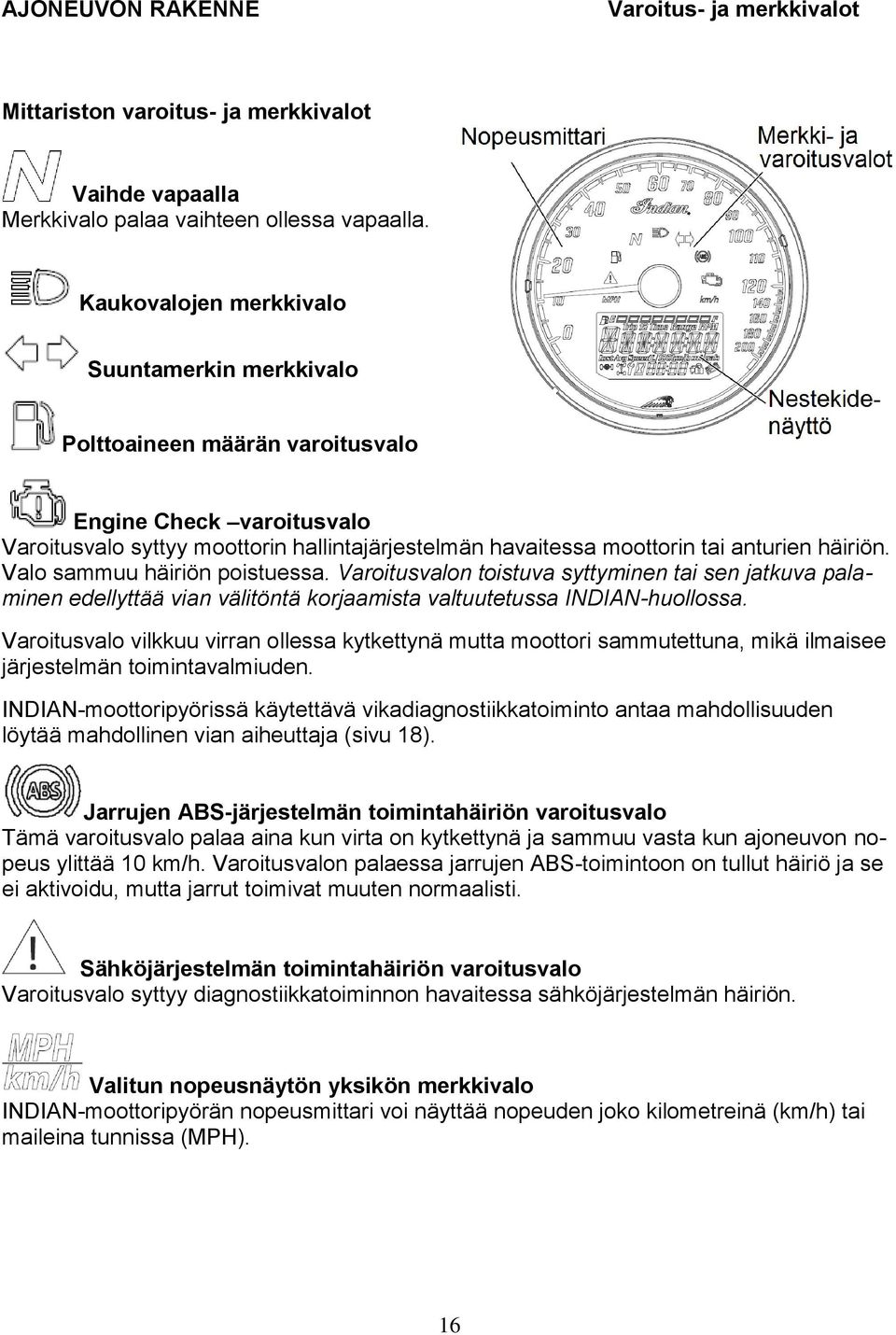 Valo sammuu häiriön poistuessa. Varoitusvalon toistuva syttyminen tai sen jatkuva palaminen edellyttää vian välitöntä korjaamista valtuutetussa INDIAN-huollossa.