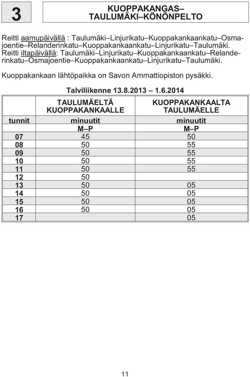 Reitti iltapäivällä: Taulumäki Linjurikatu Kuoppakankaankatu Relanderinkatu Osmajoentie  Kuoppakankaan lähtöpaikka on Savon