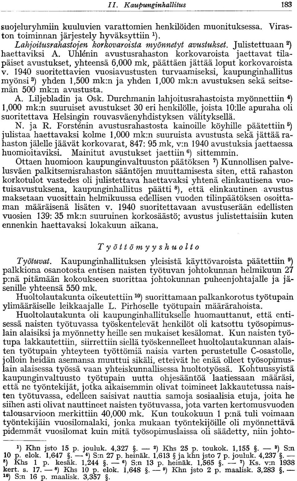 1940 suoritettavien vuosiavustusten turvaamiseksi, kaupunginhallitus myönsi 3 ) yhden 1,500 mk:n ja yhden 1,000 mk:n avustuksen sekä seitsemän 500 mk:n avustusta. A. Liljebladin ja Osk.