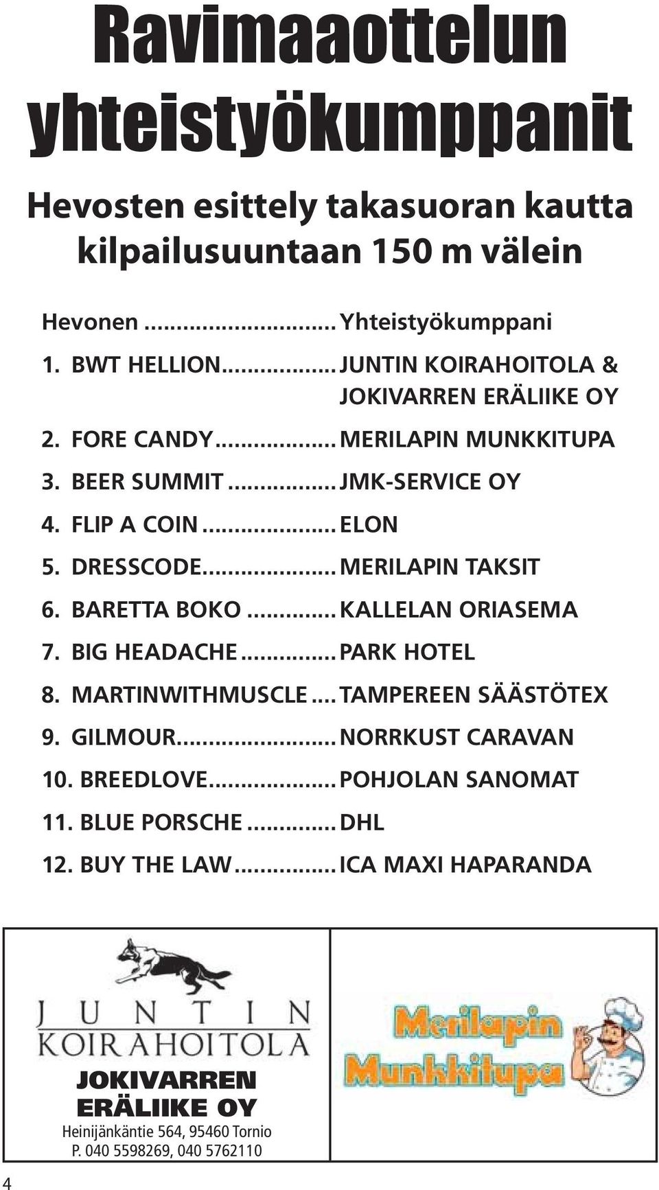 ..MERILAPIN TAKSIT 6. BARETTA BOKO...KALLELAN ORIASEMA 7. BIG HEADACHE...PARK HOTEL 8. MARTINWITHMUSCLE... TAMPEREEN SÄÄSTÖTEX 9. GILMOUR...NORRKUST CARAVAN 10.