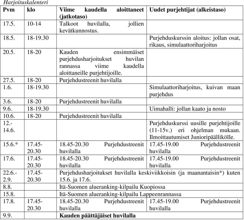 6. 18-19.30 Simulaattoriharjoitus, kuivan maan purjehdus 3.6. 18-20 Purjehdustreenit huvilalla 9.6. 18-19.30 Uimahalli: jollan kaato ja nosto 10.6. 18-20 Purjehdustreenit huvilalla 12.- 14.6. 15.6.* 17.