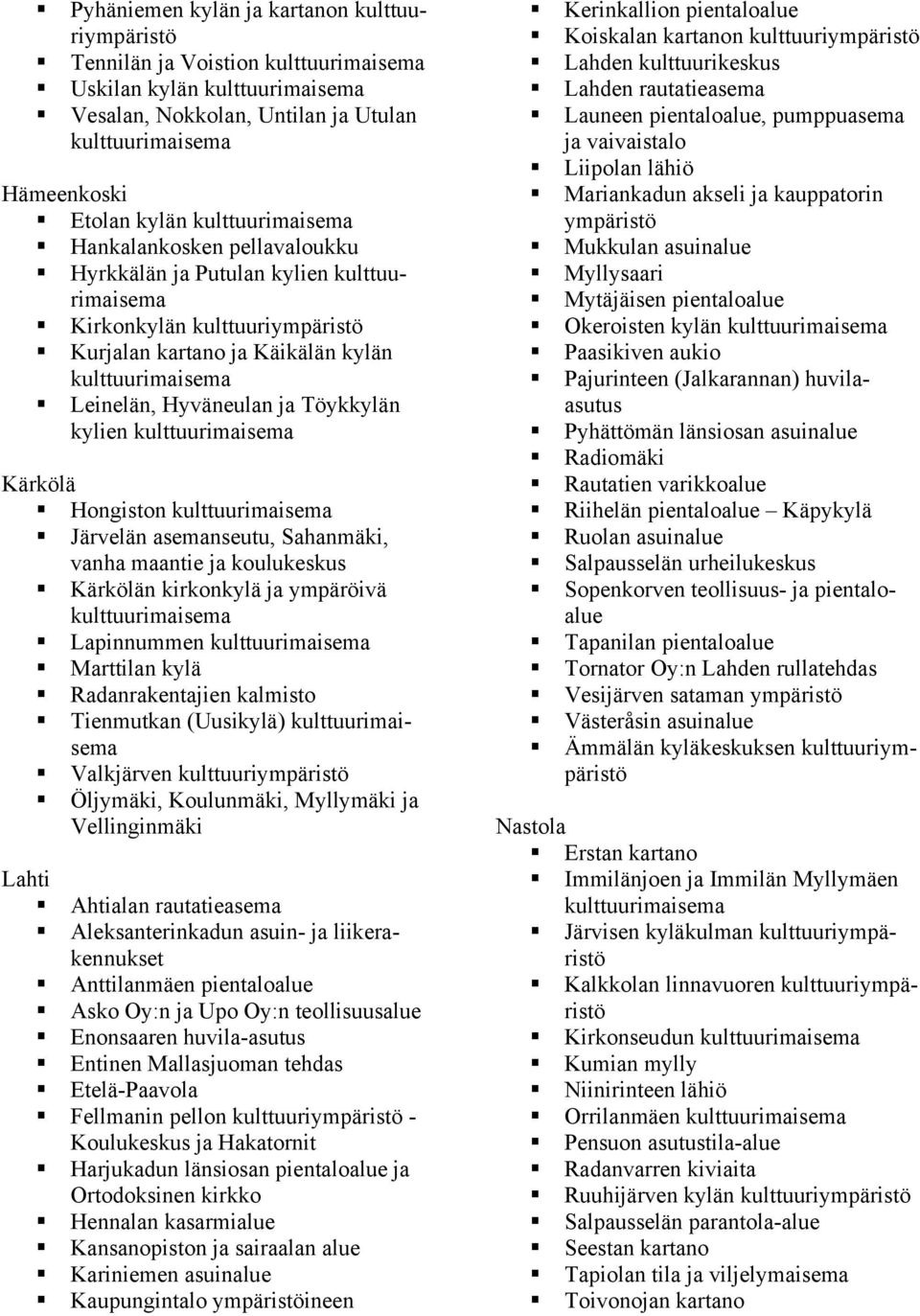 Kärkölän kirkonkylä ja ympäröivä Lapinnummen Marttilan kylä Radanrakentajien kalmisto Tienmutkan (Uusikylä) Valkjärven kulttuuriympäristö Öljymäki, Koulunmäki, Myllymäki ja Vellinginmäki Lahti