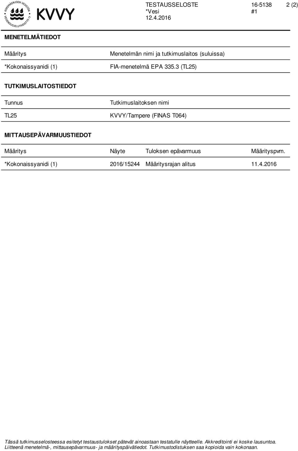 Määrityspvm. *Kokonaissyanidi (1) 2016/15244 Määritysrajan alitus 11.4.2016 Tässä tutkimusselosteessa esitetyt testaustulokset pätevät ainoastaan testatulle näytteelle.