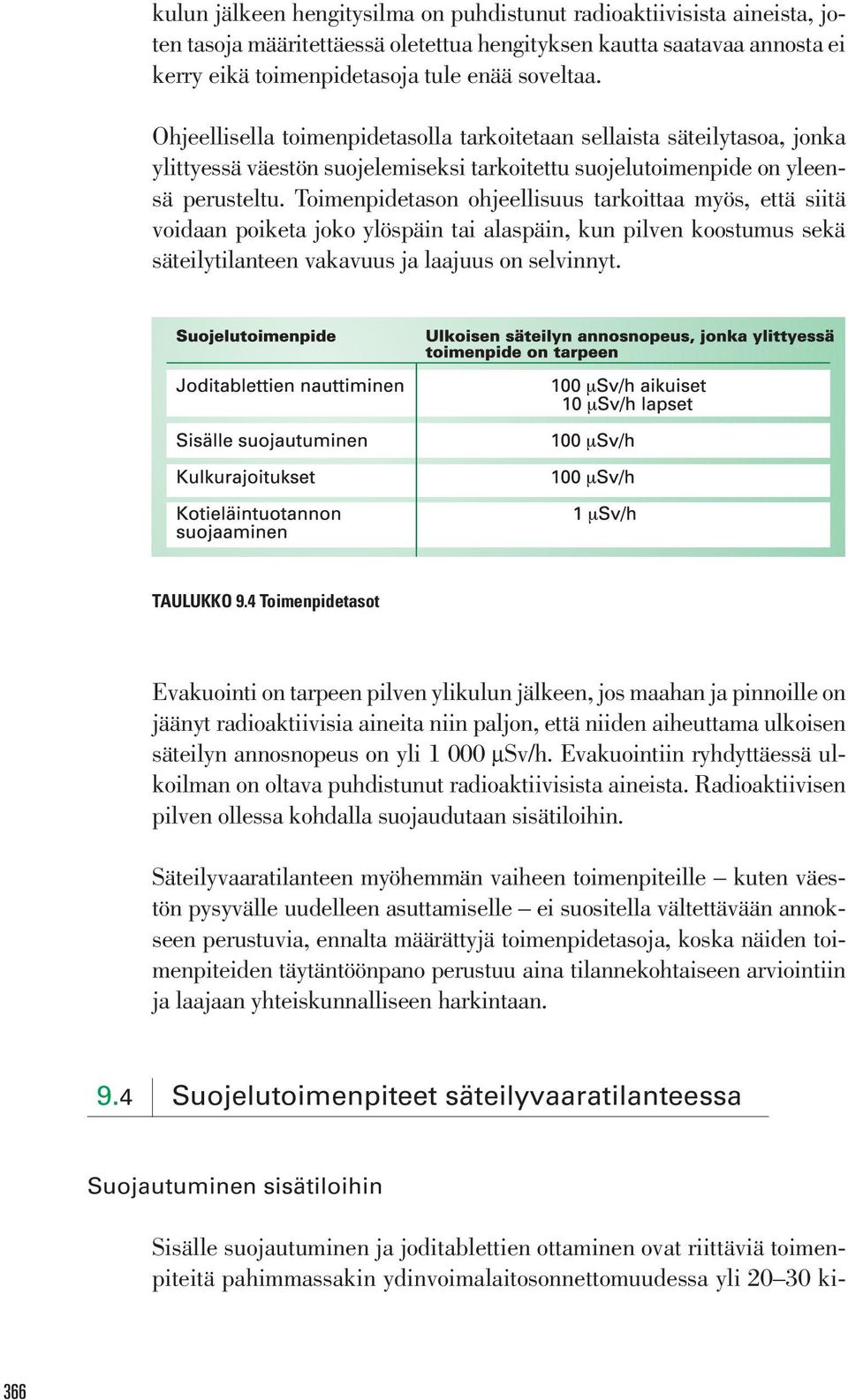 Toimenpidetason ohjeellisuus tarkoittaa myös, että siitä voidaan poiketa joko ylöspäin tai alaspäin, kun pilven koostumus sekä säteilytilanteen vakavuus ja laajuus on selvinnyt. TAULUKKO 9.