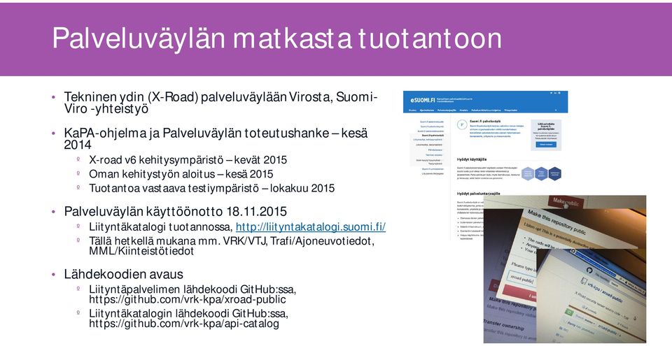 2015 º Liityntäkatalogi tuotannossa, http://liityntakatalogi.suomi.fi/ º Tällä hetkellä mukana mm.