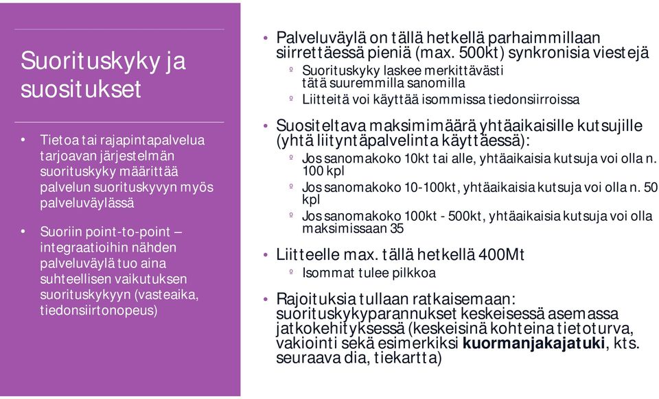 500kt) synkronisia viestejä º Suorituskyky laskee merkittävästi tätä suuremmilla sanomilla º Liitteitä voi käyttää isommissa tiedonsiirroissa Suositeltava maksimimäärä yhtäaikaisille kutsujille (yhtä