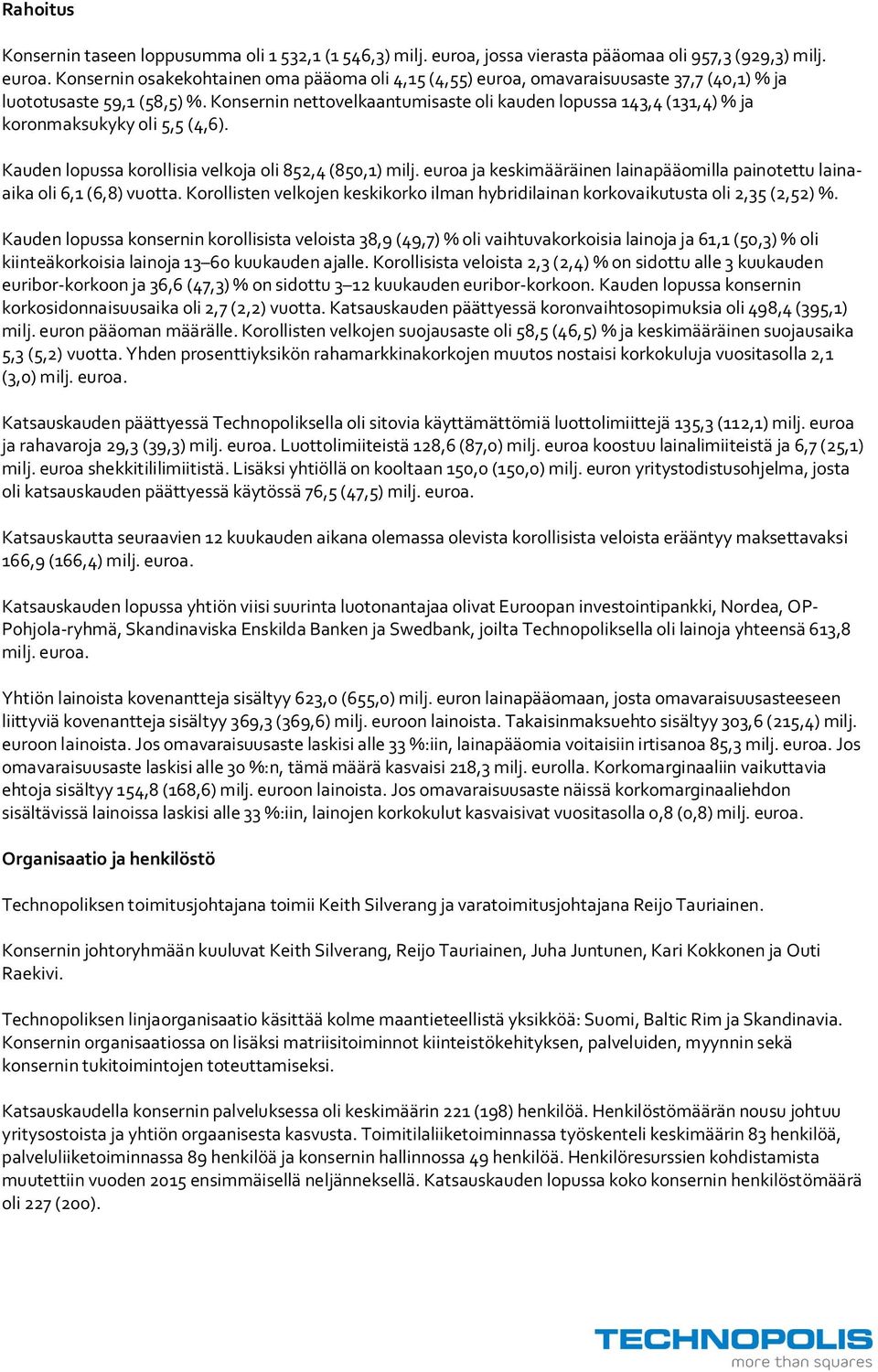 euroa ja keskimääräinen lainapääomilla painotettu lainaaika oli 6, (6,8) vuotta. Korollisten velkojen keskikorko ilman hybridilainan korkovaikutusta oli 2,35 (2,52) %.