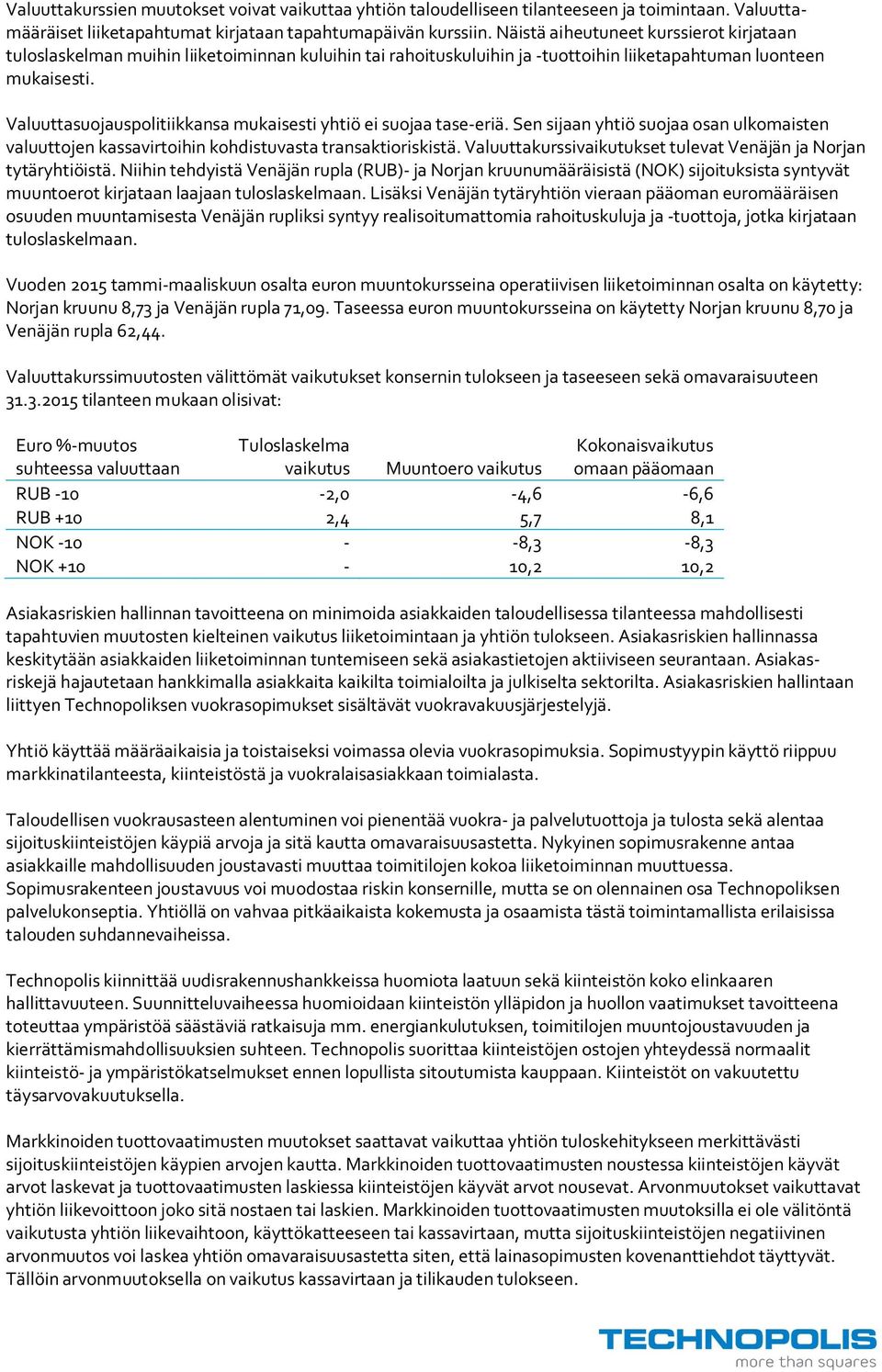 Valuuttasuojauspolitiikkansa mukaisesti yhtiö ei suojaa tase-eriä. Sen sijaan yhtiö suojaa osan ulkomaisten valuuttojen kassavirtoihin kohdistuvasta transaktioriskistä.