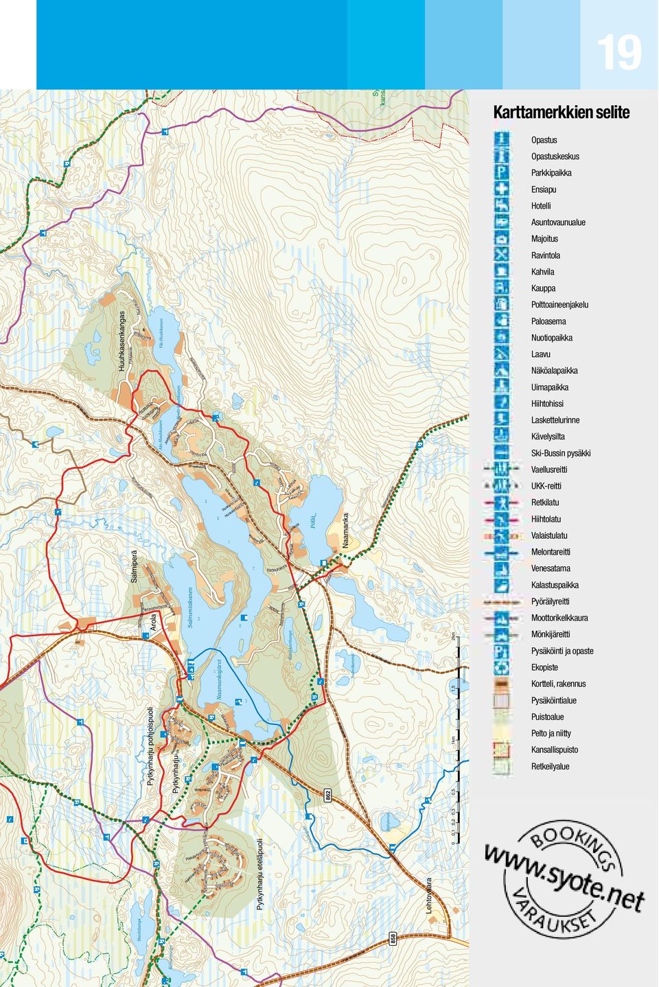 pysäkki Vaellusreitti UKK-reitti Retkilatu Hiihtolatu Valaistulatu Melontareitti Venesatama Kalastuspaikka Pyöräilyreitti