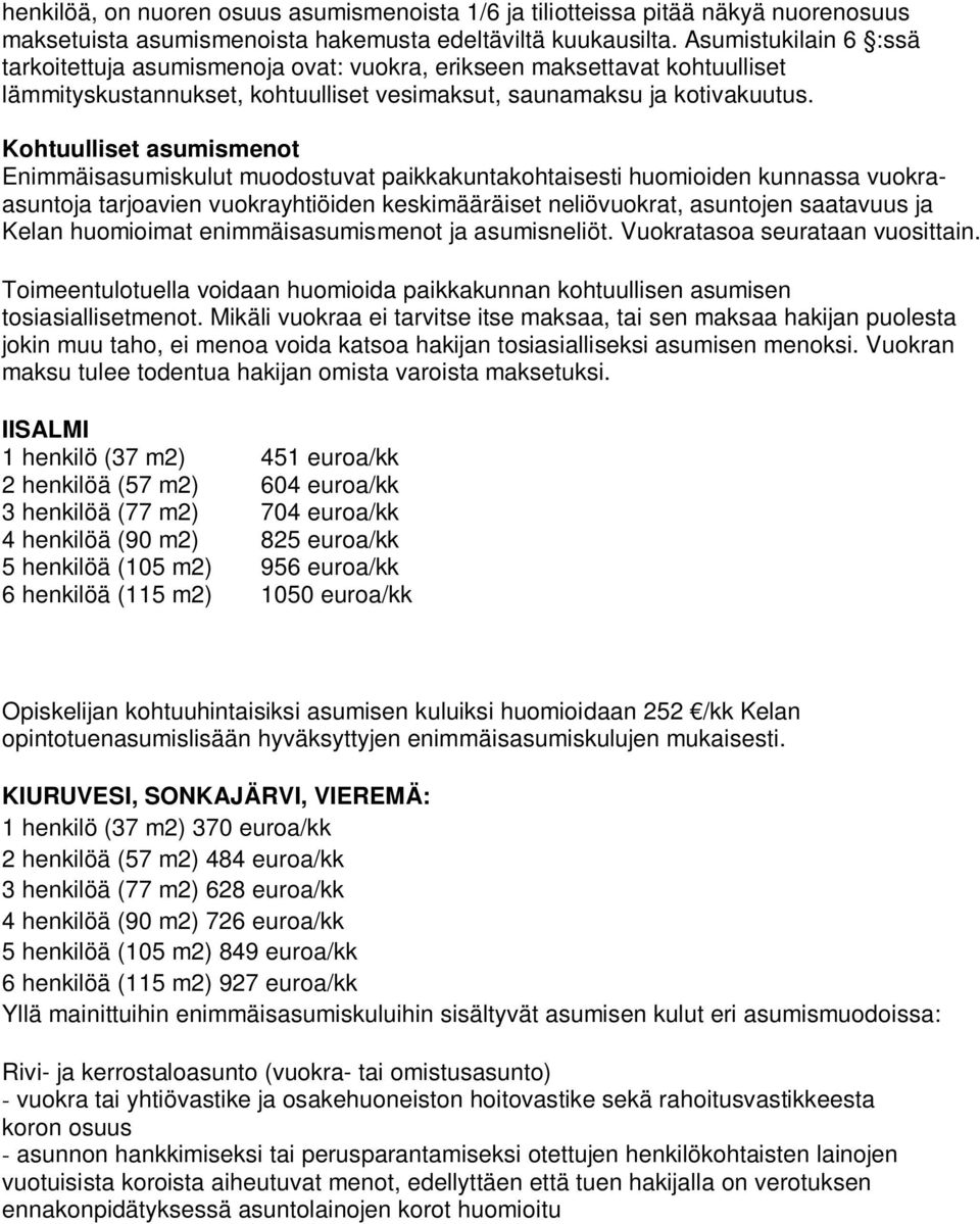 Kohtuulliset asumismenot Enimmäisasumiskulut muodostuvat paikkakuntakohtaisesti huomioiden kunnassa vuokraasuntoja tarjoavien vuokrayhtiöiden keskimääräiset neliövuokrat, asuntojen saatavuus ja Kelan