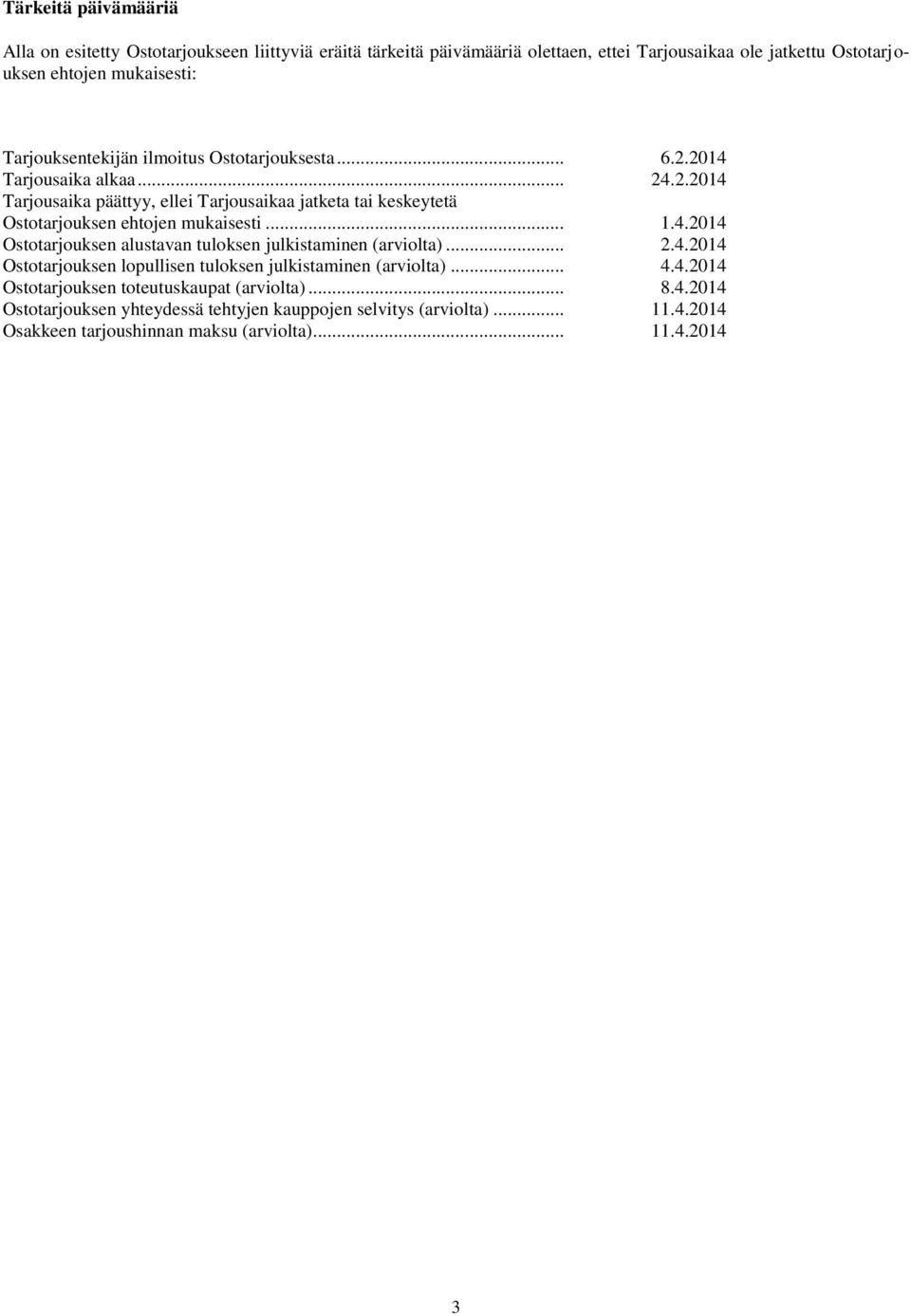 .. 1.4.2014 Ostotarjouksen alustavan tuloksen julkistaminen (arviolta)... 2.4.2014 Ostotarjouksen lopullisen tuloksen julkistaminen (arviolta)... 4.4.2014 Ostotarjouksen toteutuskaupat (arviolta).