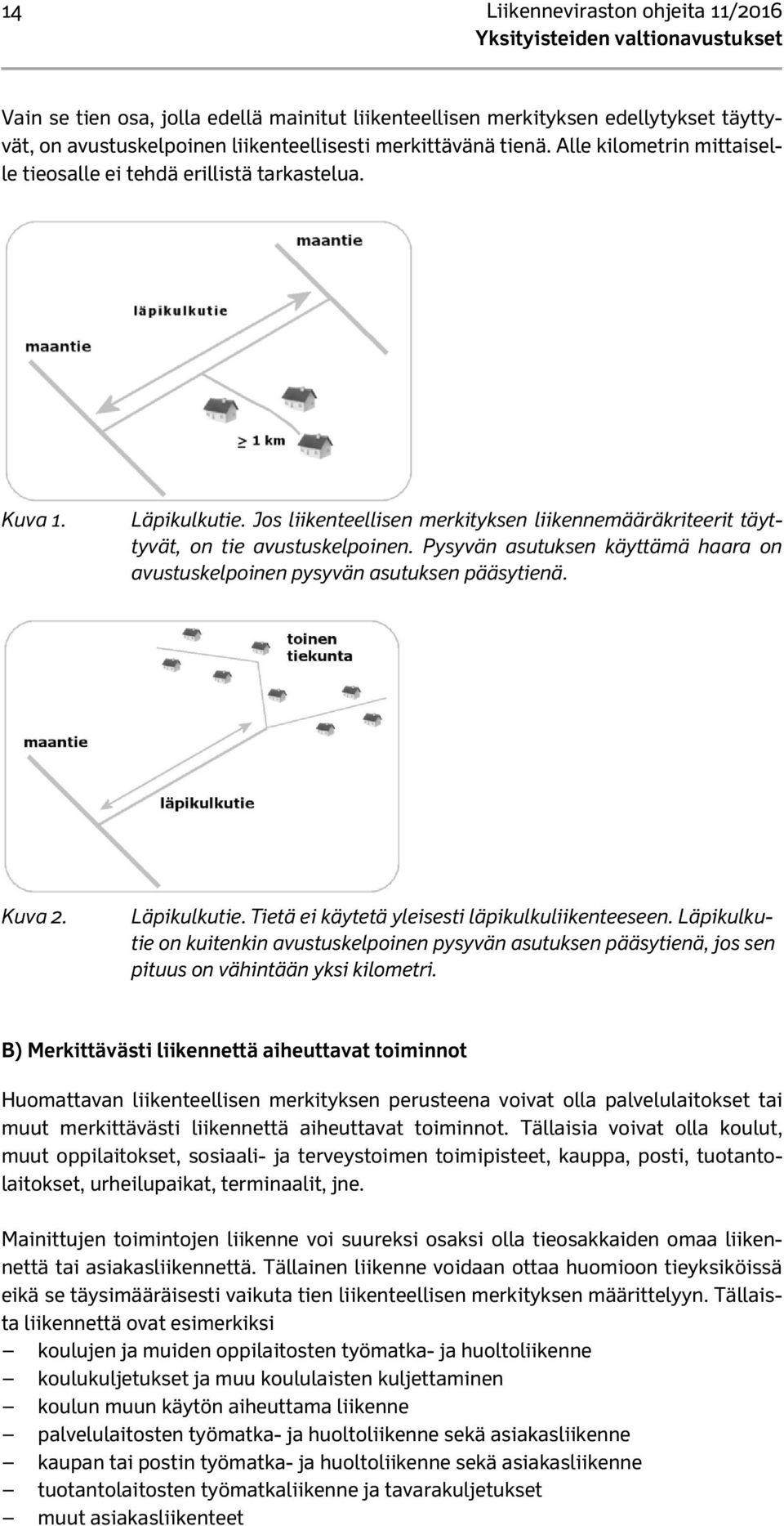 Pysyvän asutuksen käyttämä haara on avustuskelpoinen pysyvän asutuksen pääsytienä. Kuva 2. Läpikulkutie. Tietä ei käytetä yleisesti läpikulkuliikenteeseen.