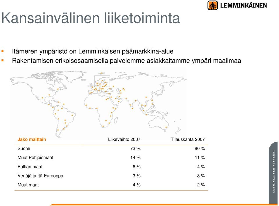 ympäri maailmaa Jako maittain Liikevaihto 2007 Tilauskanta 2007 Suomi 73 % 80