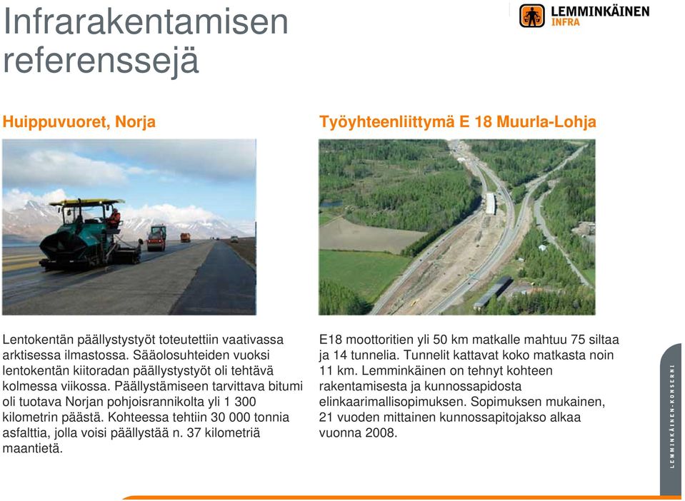 Päällystämiseen tarvittava bitumi oli tuotava Norjan pohjoisrannikolta yli 1 300 kilometrin päästä. Kohteessa tehtiin 30 000 tonnia asfalttia, jolla voisi päällystää n.