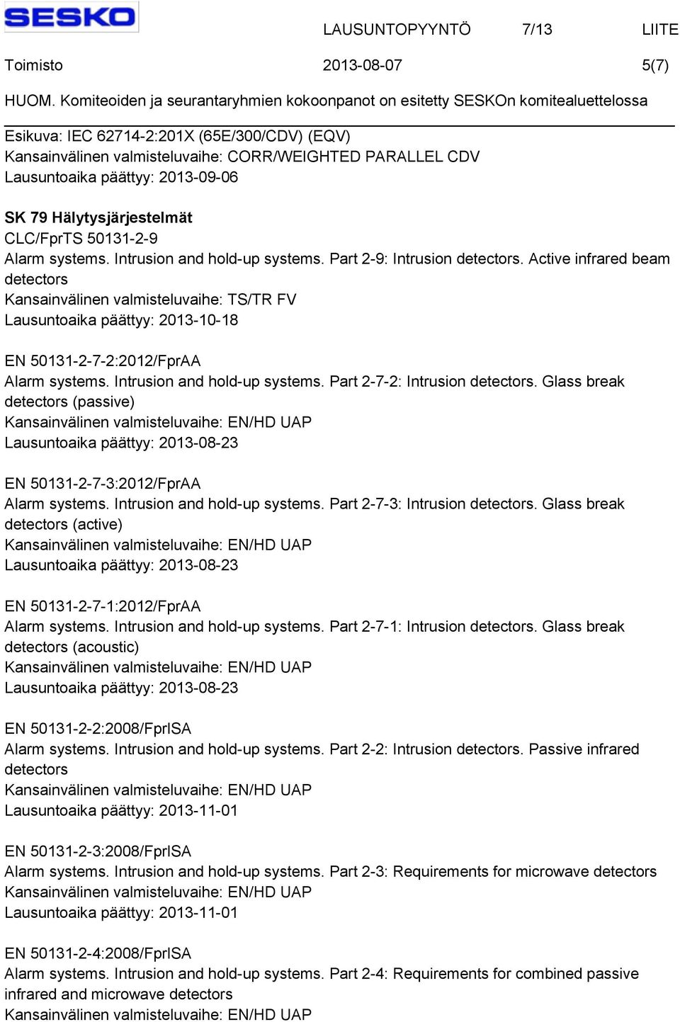 Glass break detectors (passive) EN 50131-2-7-3:2012/FprAA Alarm systems. Intrusion and hold-up systems. Part 2-7-3: Intrusion detectors.