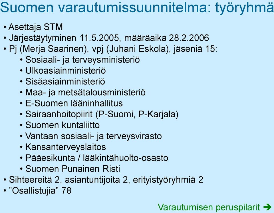 .2.2006 Pj (Merja Saarinen), vpj (Juhani Eskola), jäseniä 15: Sosiaali- ja terveysministeriö Ulkoasiainministeriö Sisäasiainministeriö