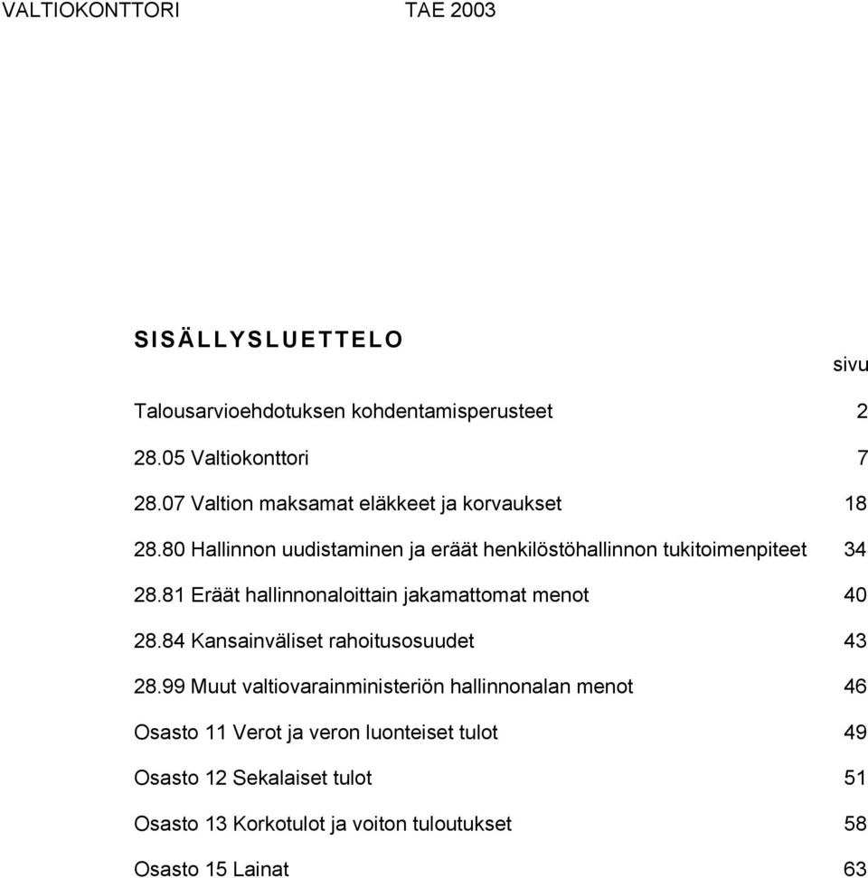 81 Eräät hallinnonaloittain jakamattomat menot 40 28.84 Kansainväliset rahoitusosuudet 43 28.