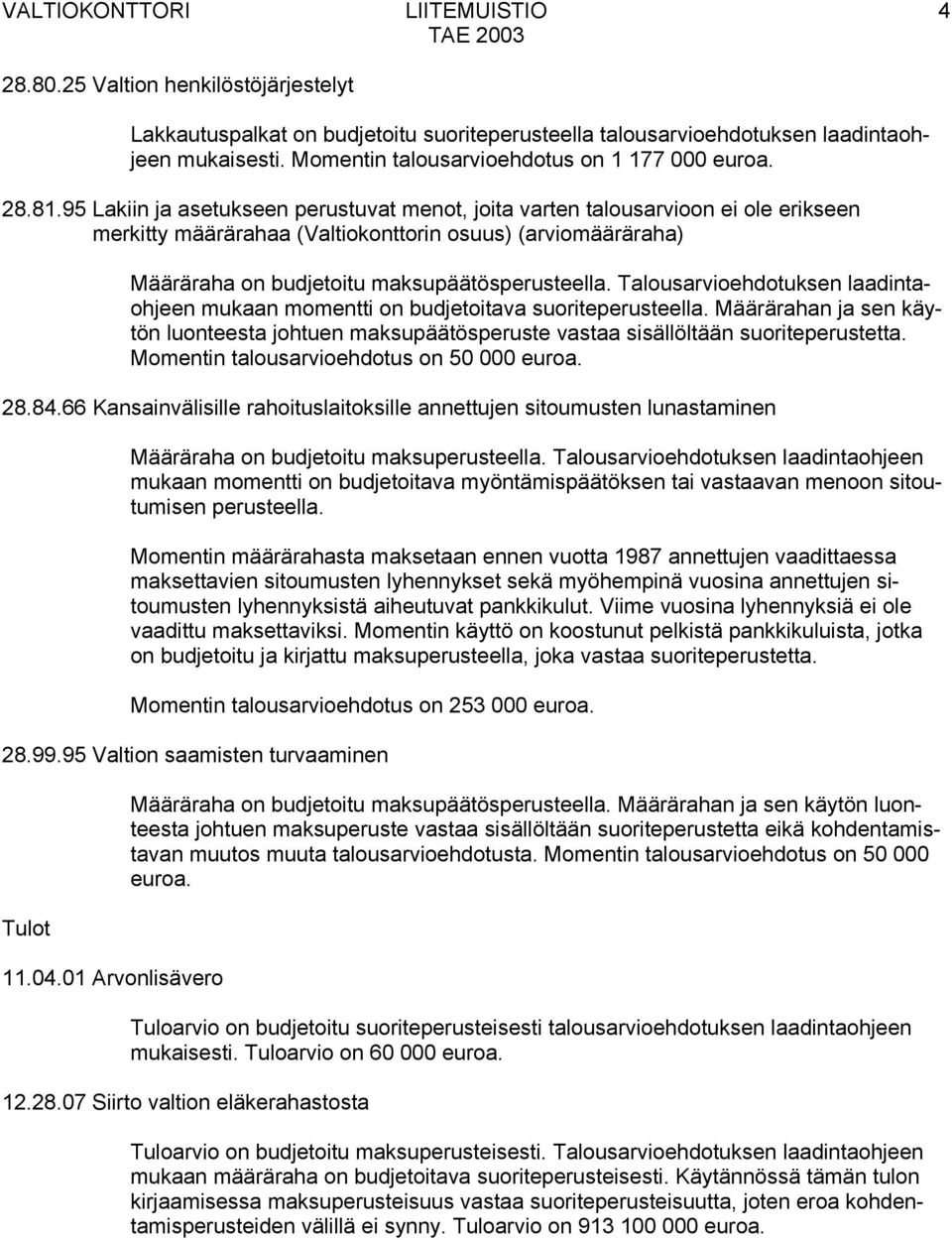 95 Lakiin ja asetukseen perustuvat menot, joita varten talousarvioon ei ole erikseen merkitty määrärahaa (Valtiokonttorin osuus) (arviomääräraha) Määräraha on budjetoitu maksupäätösperusteella.