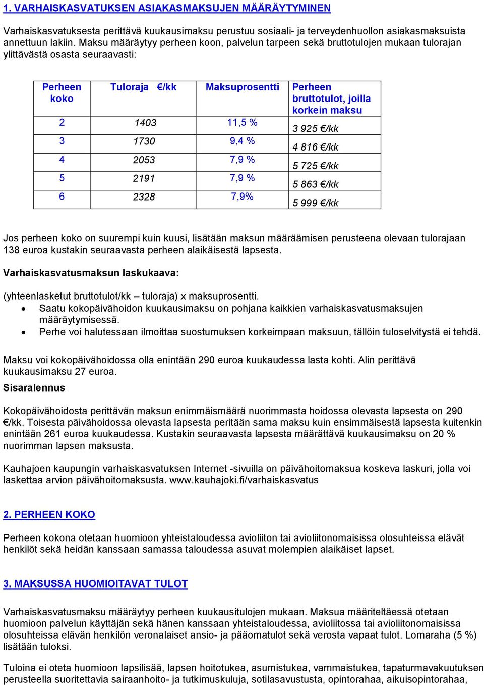 1403 11,5 % 3 925 /kk 3 1730 9,4 % 4 816 /kk 4 2053 7,9 % 5 725 /kk 5 2191 7,9 % 5 863 /kk 6 2328 7,9% 5 999 /kk Jos perheen koko on suurempi kuin kuusi, lisätään maksun määräämisen perusteena