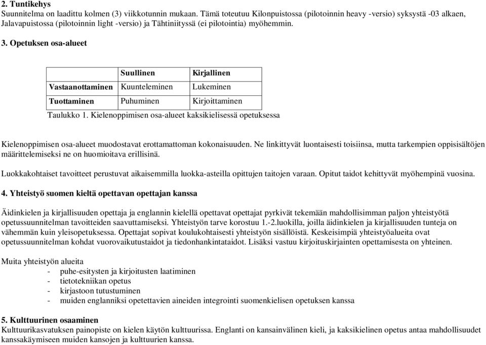 Opetuksen osa-alueet Suullinen Kirjallinen Vastaanottaminen Kuunteleminen Lukeminen Tuottaminen Puhuminen Kirjoittaminen Taulukko 1.