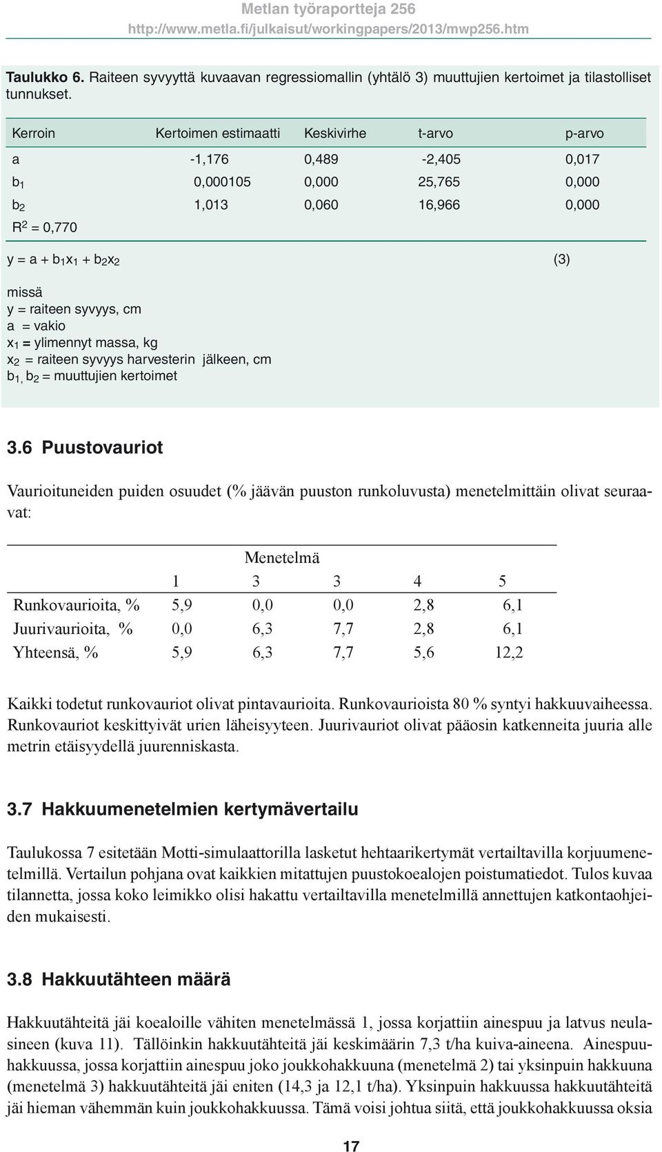 raiteen syvyys, cm a = vakio x 1 = ylimennyt massa, kg x 2 = raiteen syvyys harvesterin jälkeen, cm b 1, b 2 = muuttujien kertoimet 3.