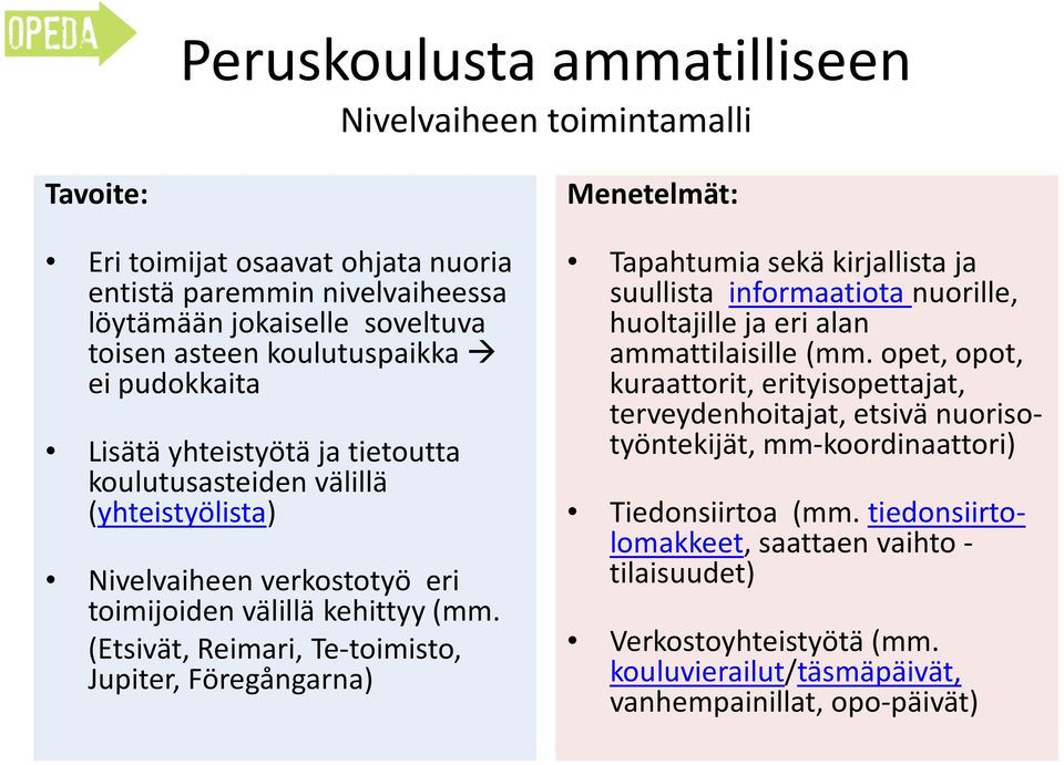 (Etsivät, Reimari, Te-toimisto, Jupiter, Föregångarna) Menetelmät: Tapahtumia sekä kirjallista ja suullista informaatiota nuorille, huoltajille ja eri alan ammattilaisille (mm.