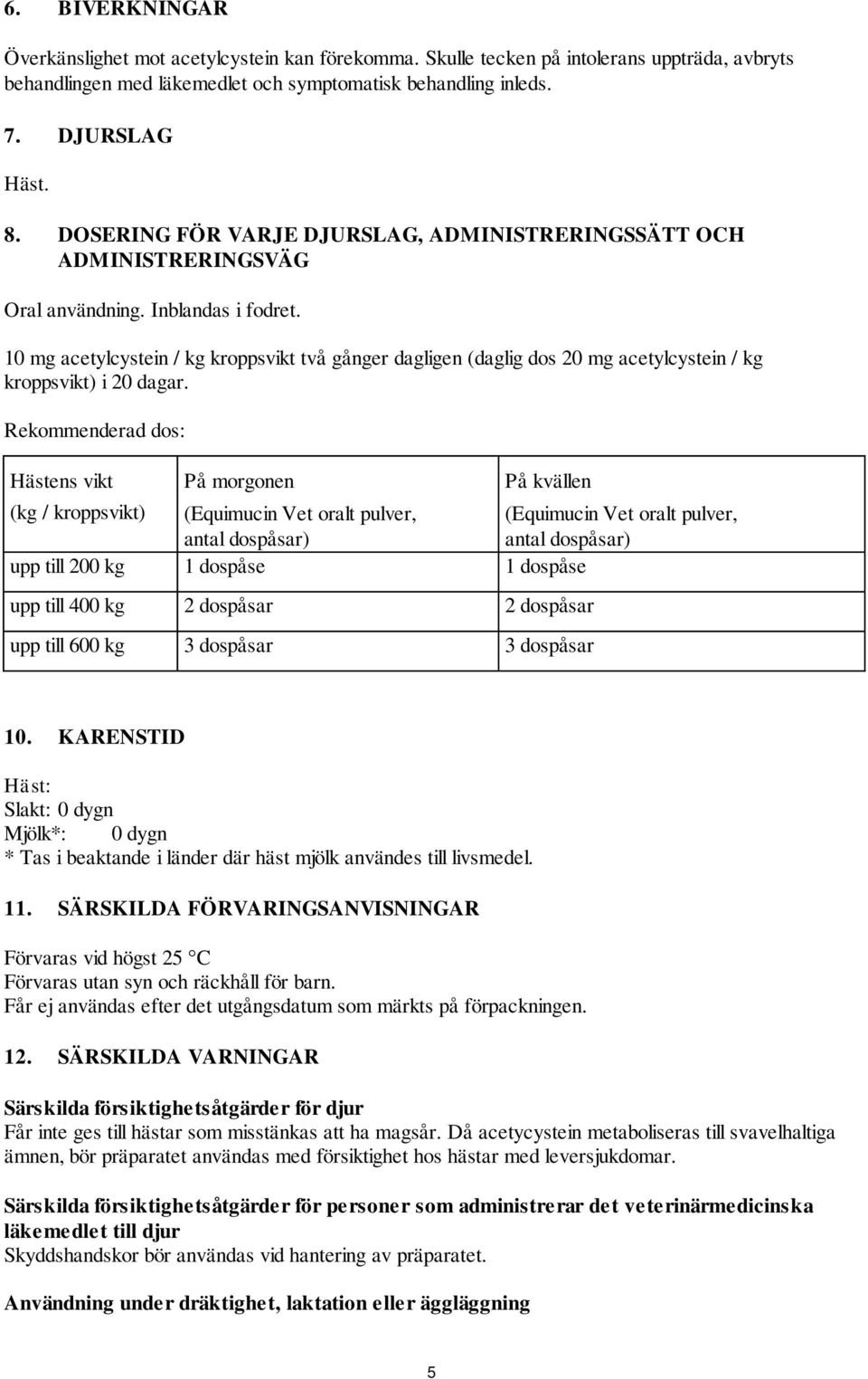 10 mg acetylcystein / kg kroppsvikt två gånger dagligen (daglig dos 20 mg acetylcystein / kg kroppsvikt) i 20 dagar.