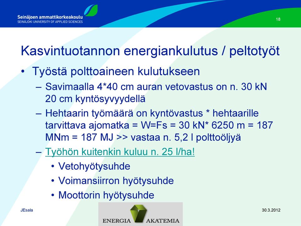 30 kn 20 cm kyntösyvyydellä Hehtaarin työmäärä on kyntövastus * hehtaarille tarvittava ajomatka =