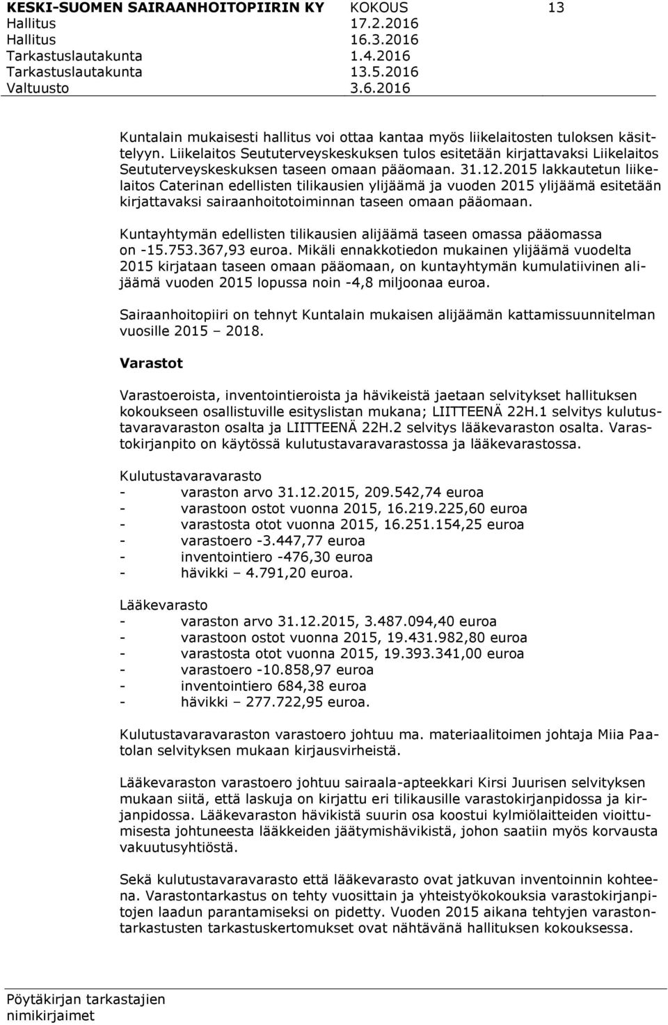 2015 lakkautetun liikelaitos Caterinan edellisten tilikausien ylijäämä ja vuoden 2015 ylijäämä esitetään kirjattavaksi sairaanhoitotoiminnan taseen omaan pääomaan.