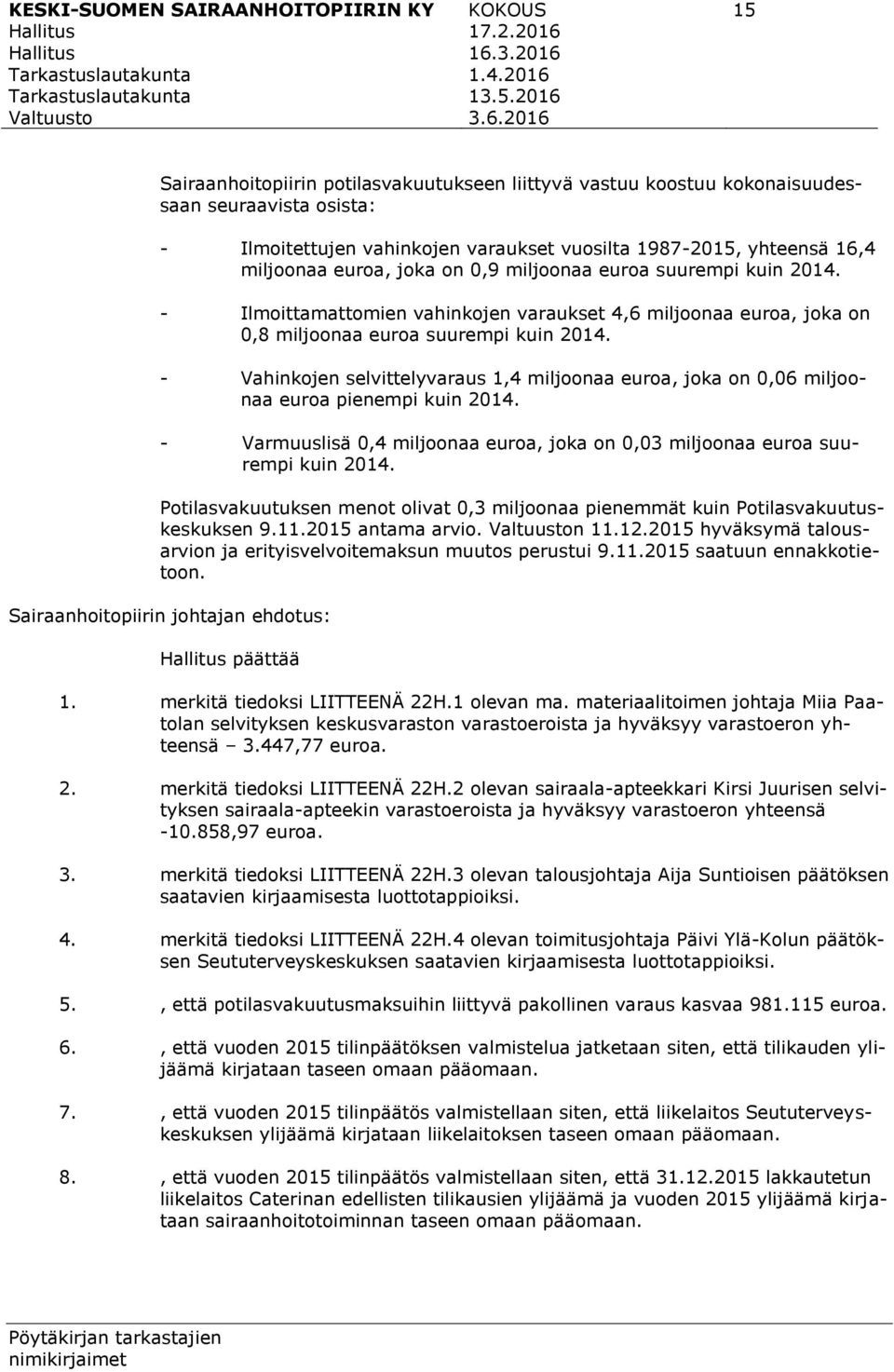 joka on 0,9 miljoonaa euroa suurempi kuin 2014. - Ilmoittamattomien vahinkojen varaukset 4,6 miljoonaa euroa, joka on 0,8 miljoonaa euroa suurempi kuin 2014.