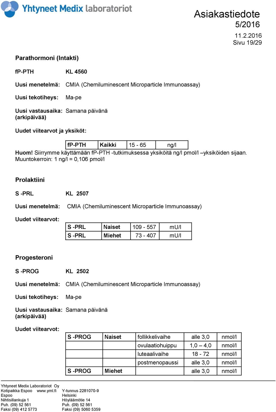 Muuntokerroin: 1 ng/l = 0,106 pmol/l Prolaktiini S -PRL KL 2507 Uusi menetelmä: CMIA (Chemiluminescent Microparticle Immunoassay) S -PRL Naiset 109-557 mu/l S -PRL Miehet 73-407 mu/l Progesteroni S