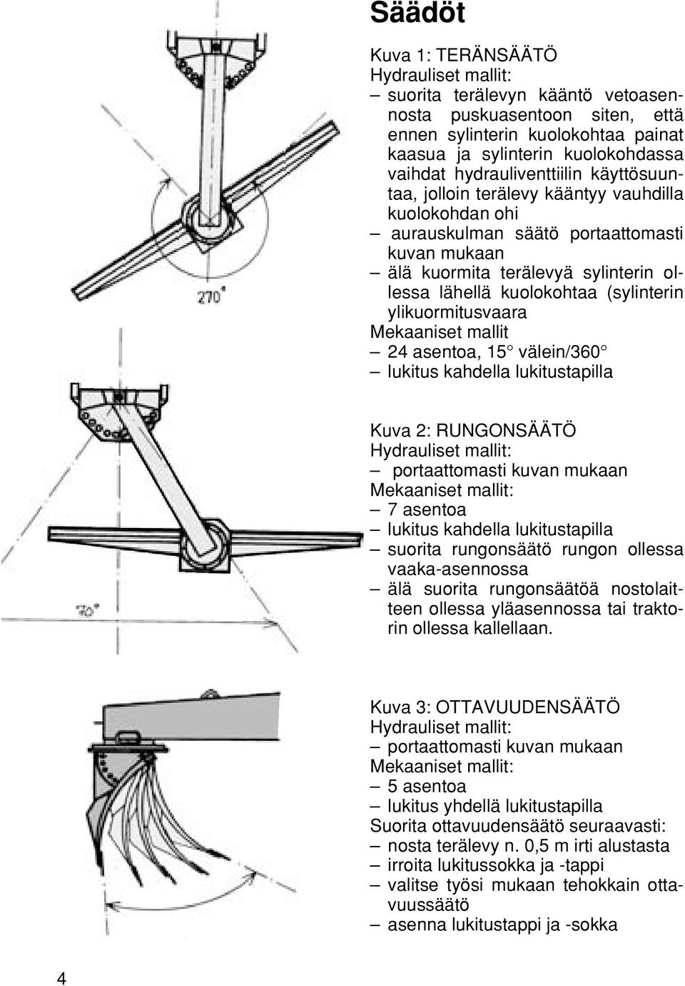 (sylinterin ylikuormitusvaara Mekaaniset mallit 24 asentoa, 15 välein/360 lukitus kahdella lukitustapilla Kuva 2: RUNGONSÄÄTÖ Hydrauliset mallit: portaattomasti kuvan mukaan Mekaaniset mallit: 7