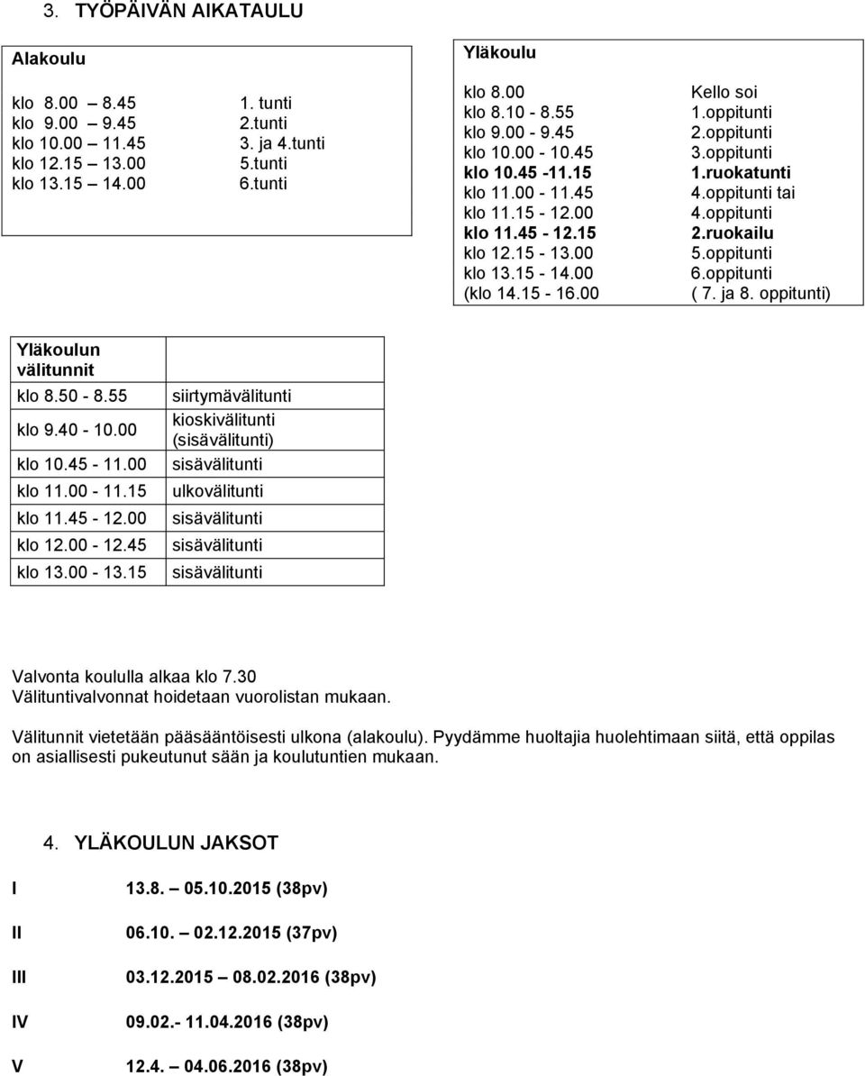 oppitunti tai 4.oppitunti 2.ruokailu 5.oppitunti 6.oppitunti ( 7. ja 8. oppitunti) Yläkoulun välitunnit klo 8.50-8.55 klo 9.40-10.00 klo 10.45-11.00 klo 11.00-11.15 klo 11.45-12.00 klo 12.00-12.