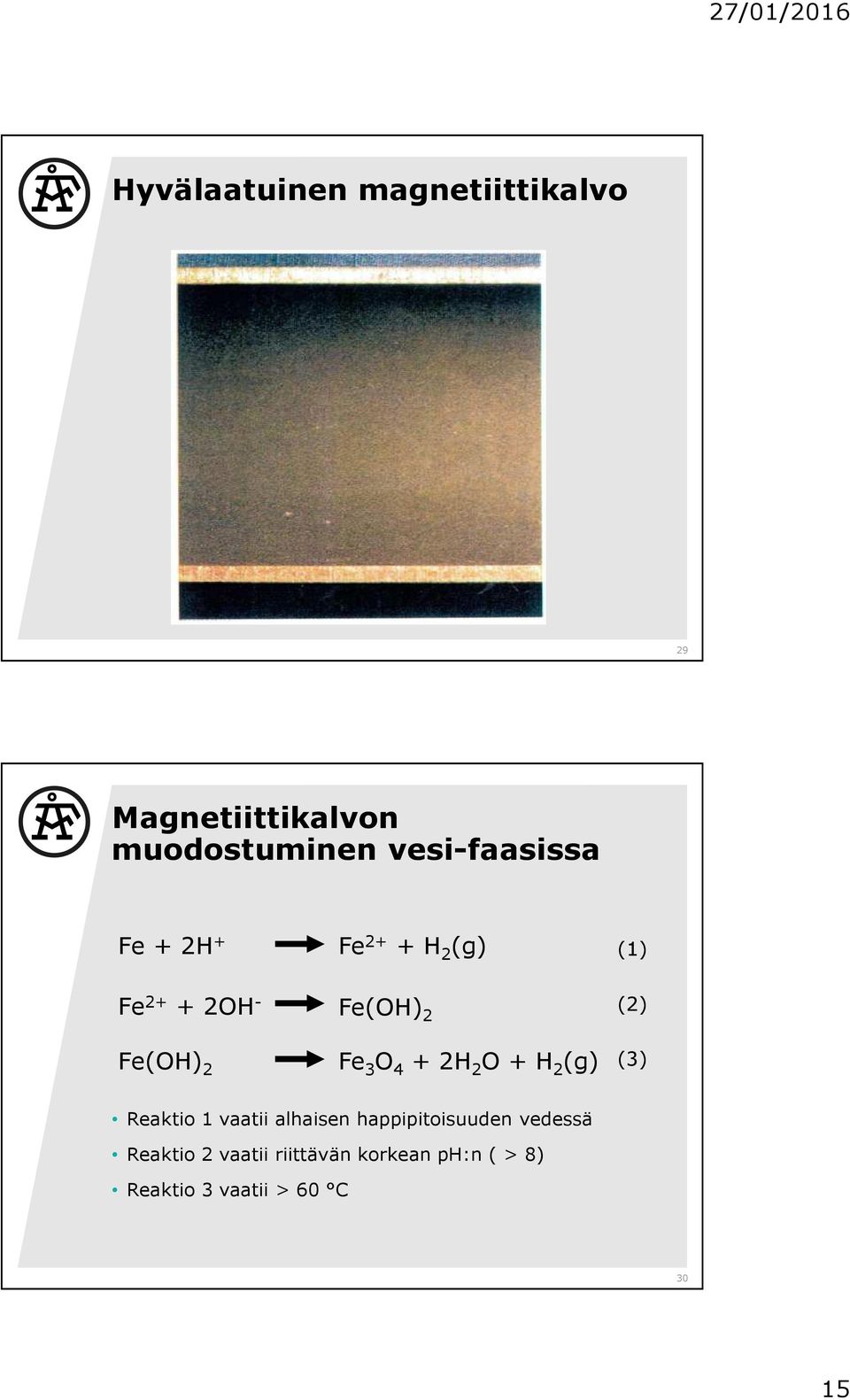 Fe(OH) 2 Fe 3 O 4 + 2H 2 O + H 2 (g) (3) Reaktio 1 vaatii alhaisen