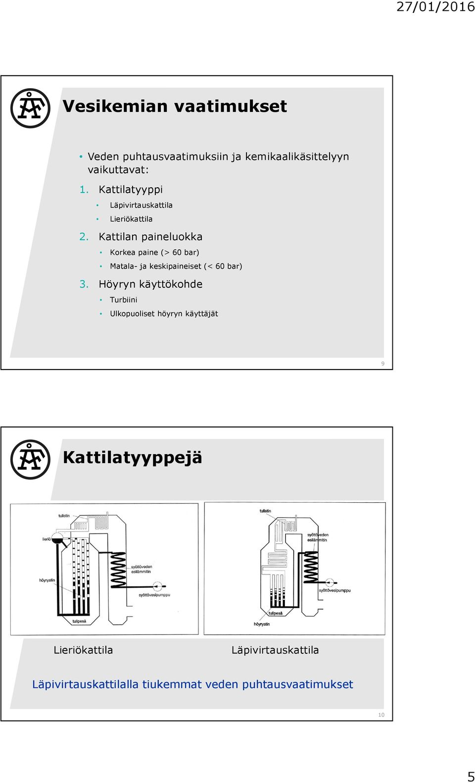 Kattilan paineluokka Korkea paine (> 60 bar) Matala- ja keskipaineiset (< 60 bar) 3.