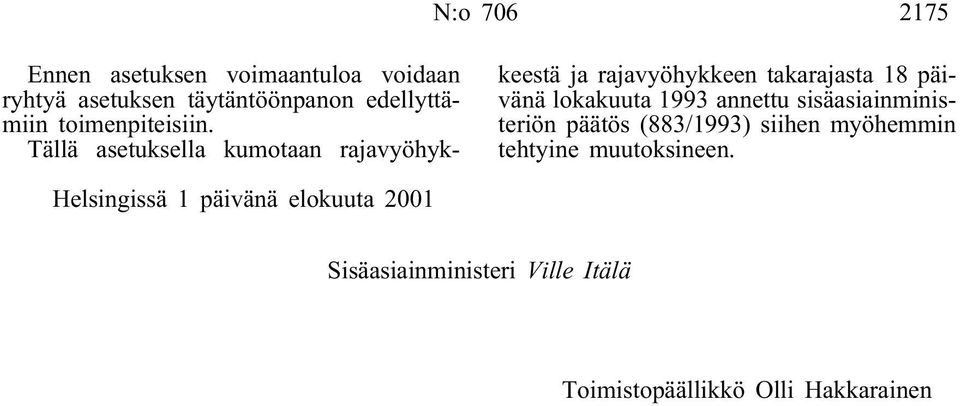 Tällä asetuksella kumotaan rajavyöhykkeestä ja rajavyöhykkeen takarajasta 18 päivänä lokakuuta 1993