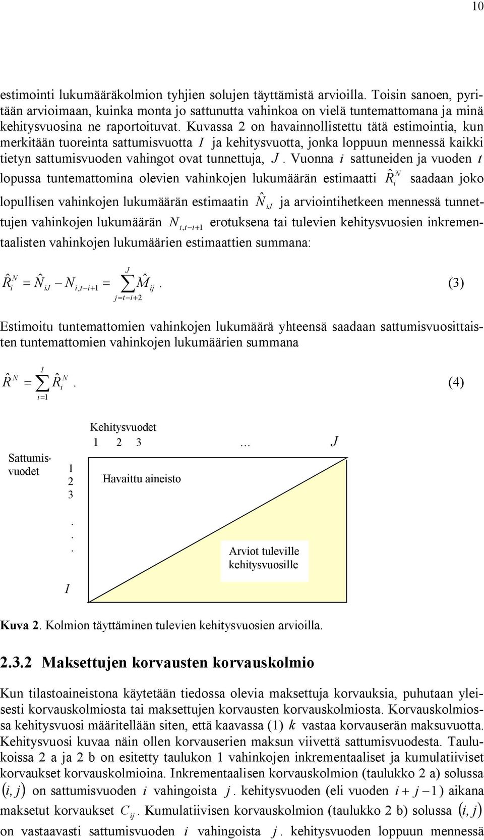 Vuonna sattuneden a vuoden t N lopussa tuntemattomna oleven vahnkoen lukumäärän estmaatt Rˆ saadaan oko lopullsen vahnkoen lukumäärän estmaatn Nˆ J a arvonthetkeen mennessä tunnettuen vahnkoen