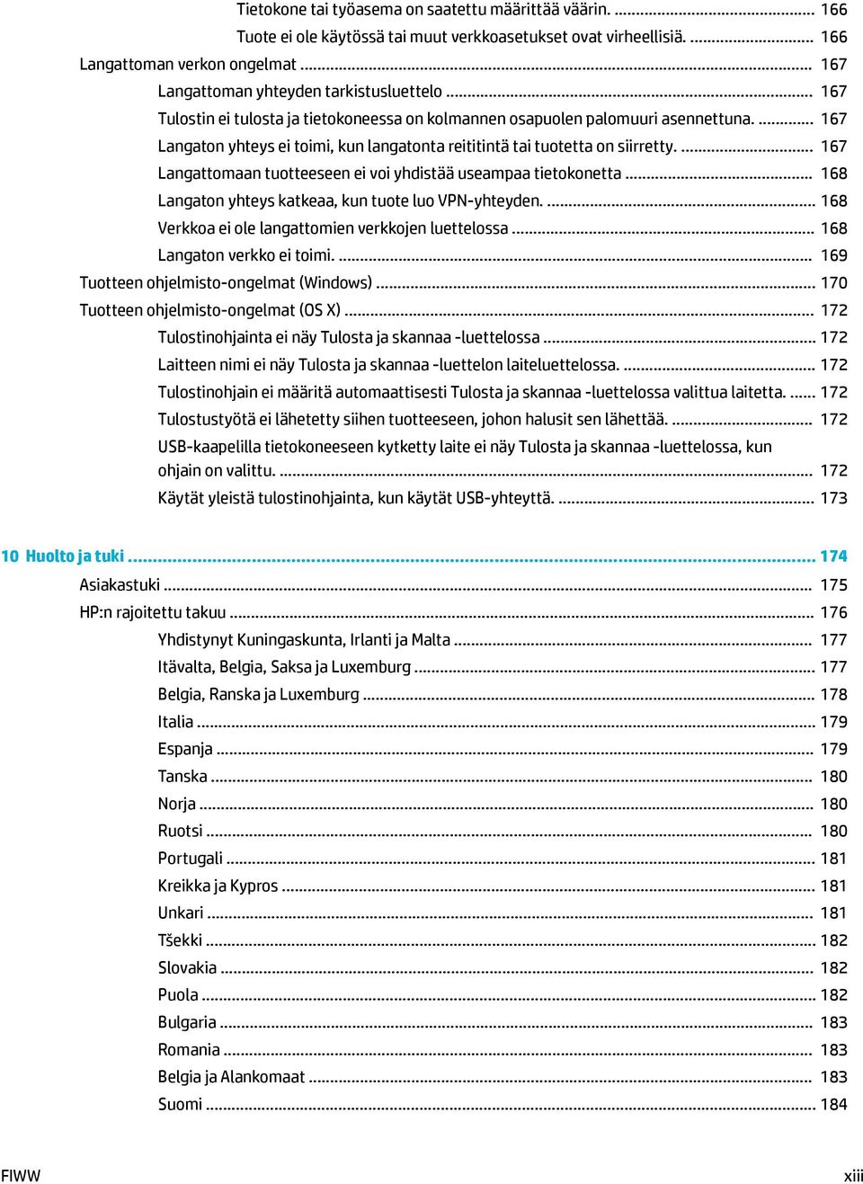 ... 167 Langaton yhteys ei toimi, kun langatonta reititintä tai tuotetta on siirretty.... 167 Langattomaan tuotteeseen ei voi yhdistää useampaa tietokonetta.