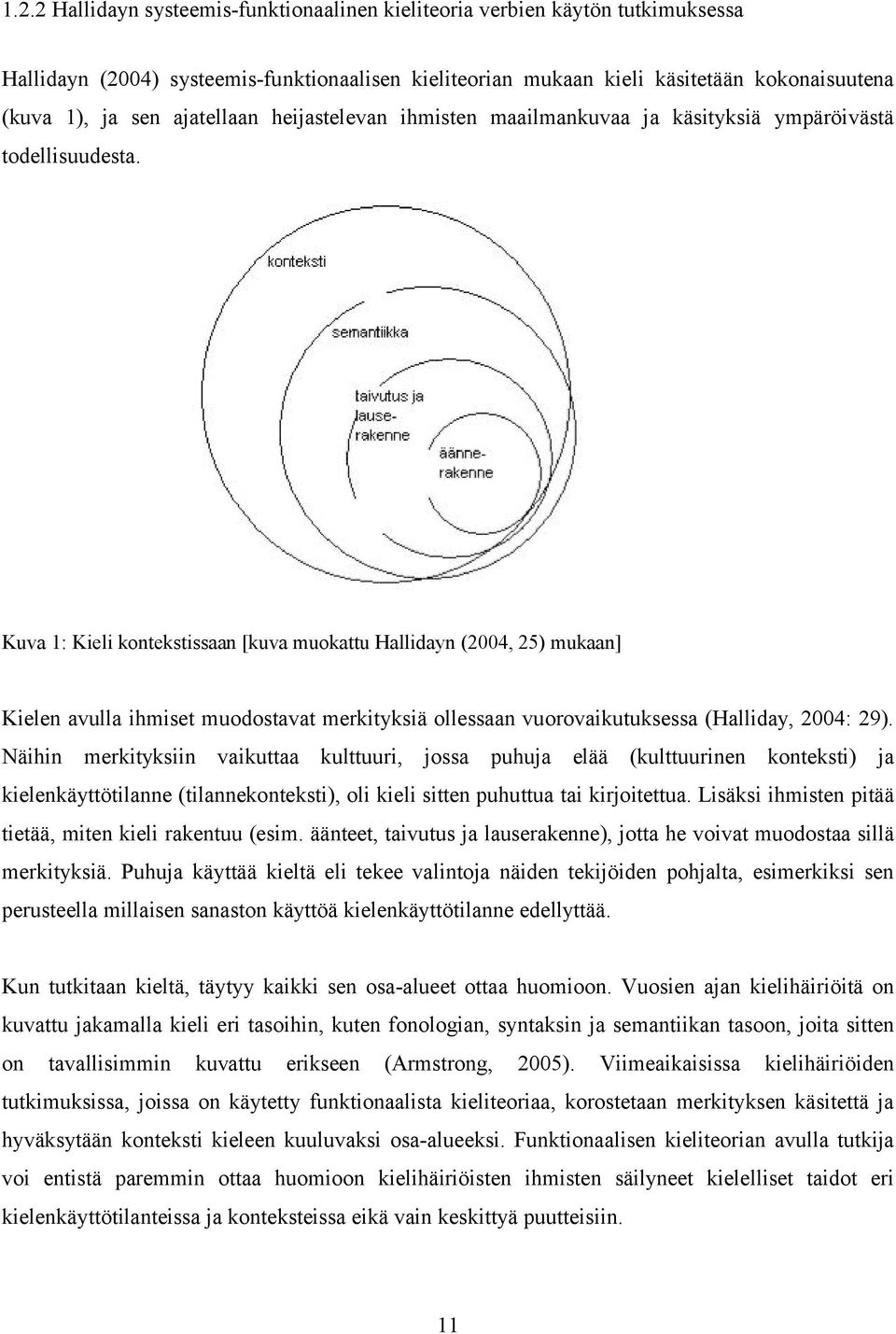 Kuva 1: Kieli kontekstissaan [kuva muokattu Hallidayn (2004, 25) mukaan] Kielen avulla ihmiset muodostavat merkityksiä ollessaan vuorovaikutuksessa (Halliday, 2004: 29).