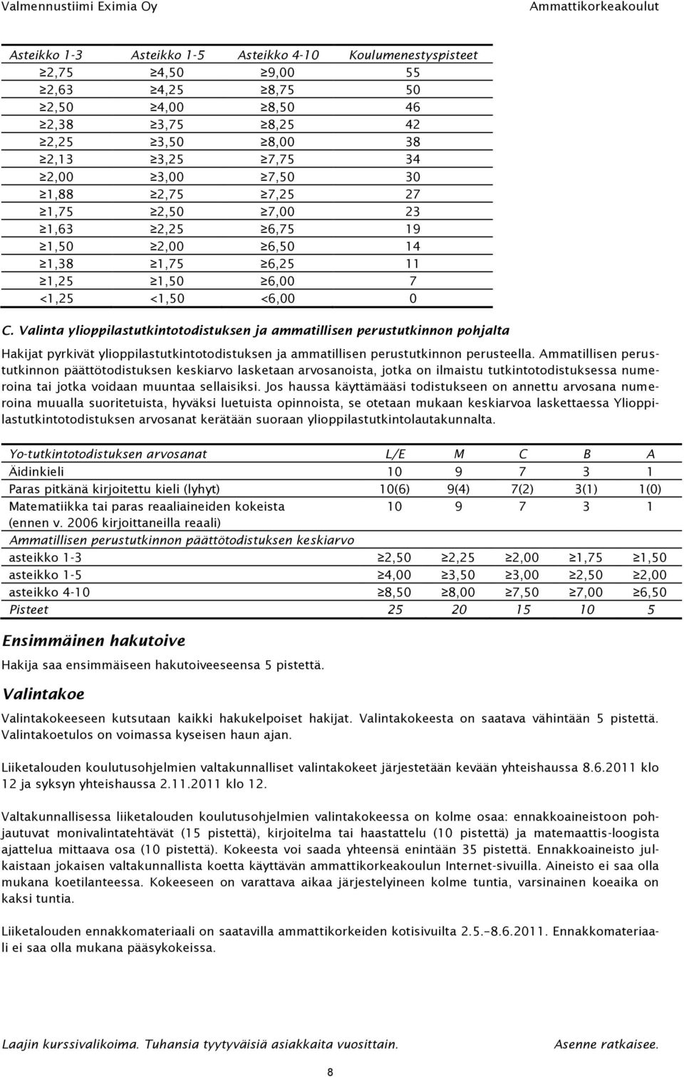 Valinta ylioppilastutkintotodistuksen ja ammatillisen perustutkinnon pohjalta Hakijat pyrkivät ylioppilastutkintotodistuksen ja ammatillisen perustutkinnon perusteella.