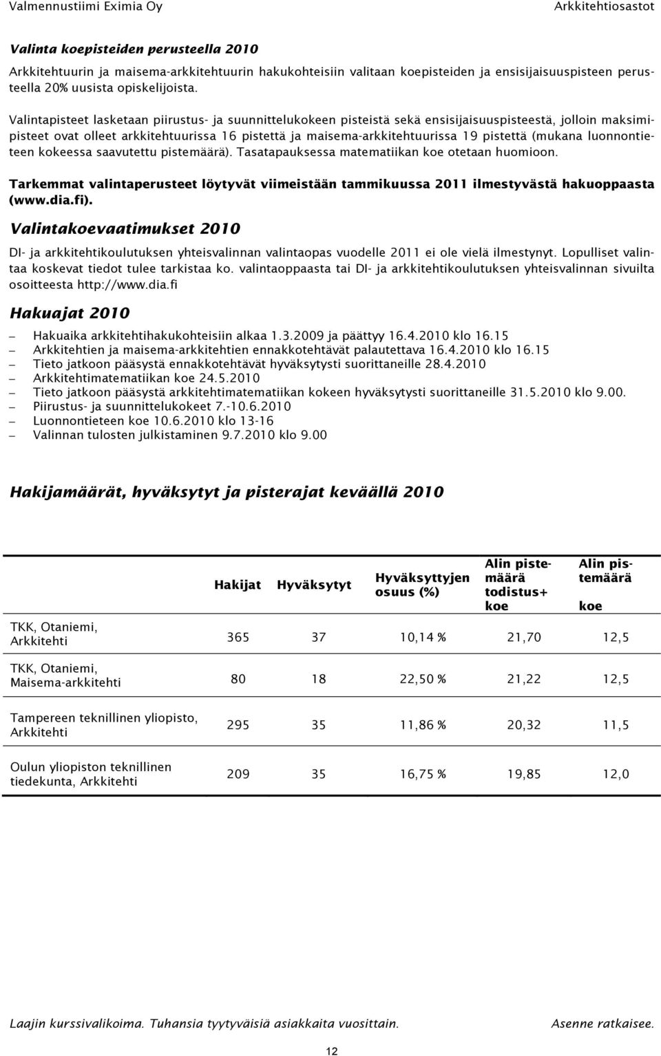 (mukana luonnontieteen kokeessa saavutettu pistemäärä). Tasatapauksessa matematiikan koe otetaan huomioon.