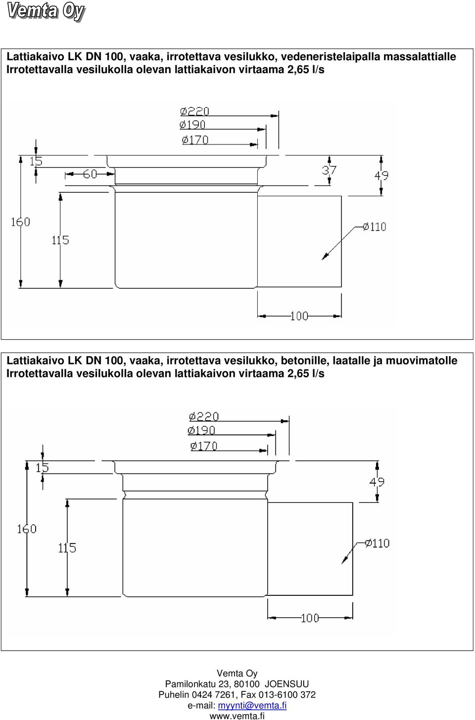 l/s Lattiakaivo LK DN 100, vaaka, irrotettava vesilukko, betonille, laatalle