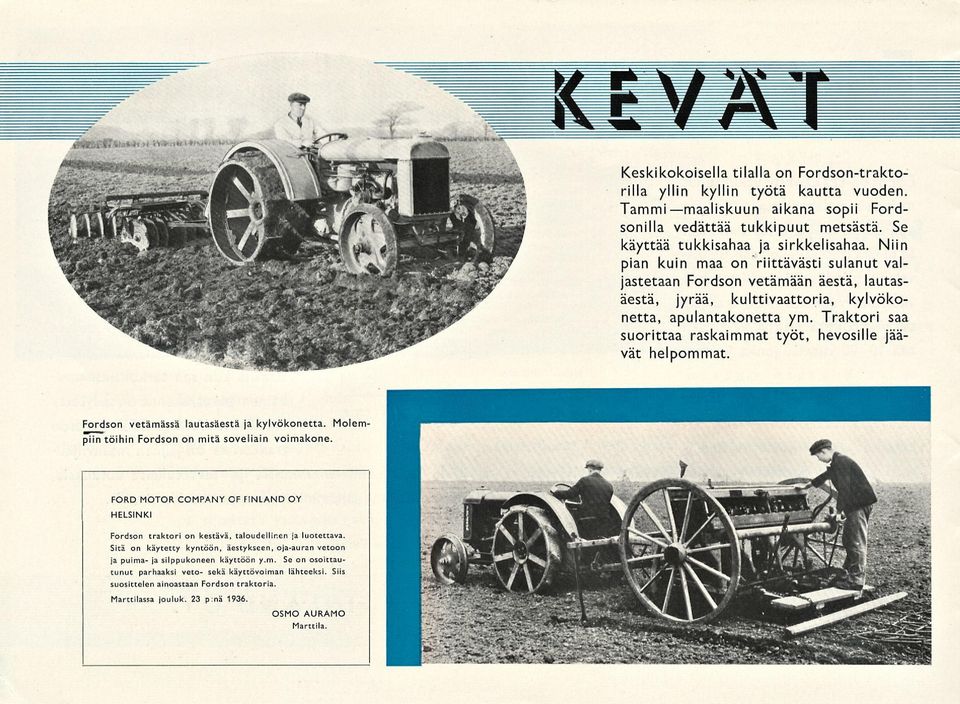 Traktori saa suorittaa raskaimmat työt, hevosille jäävät helpommat. Fordson vetämässä lautasäestä ja kylvökonetta. Molempiin töihin Fordson on mitä soveliain voimakone.